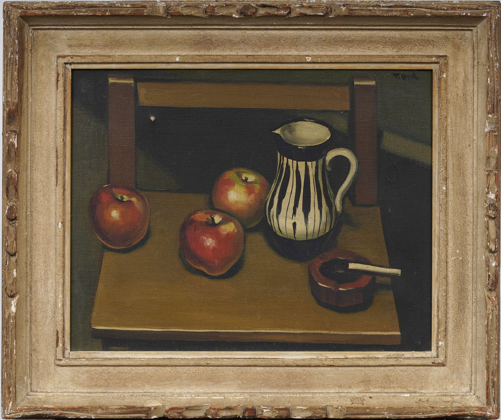 Vintage American School Signed Apple Still Life Modernist Framed Impressive Original Oil Painting: Vintage American school still life oil painting. Oil on canvas. Signed. Measuring: 18 by 22 inches overall, and 16 by 12 painting alone. Please see all images for condition. Size is measured and writt