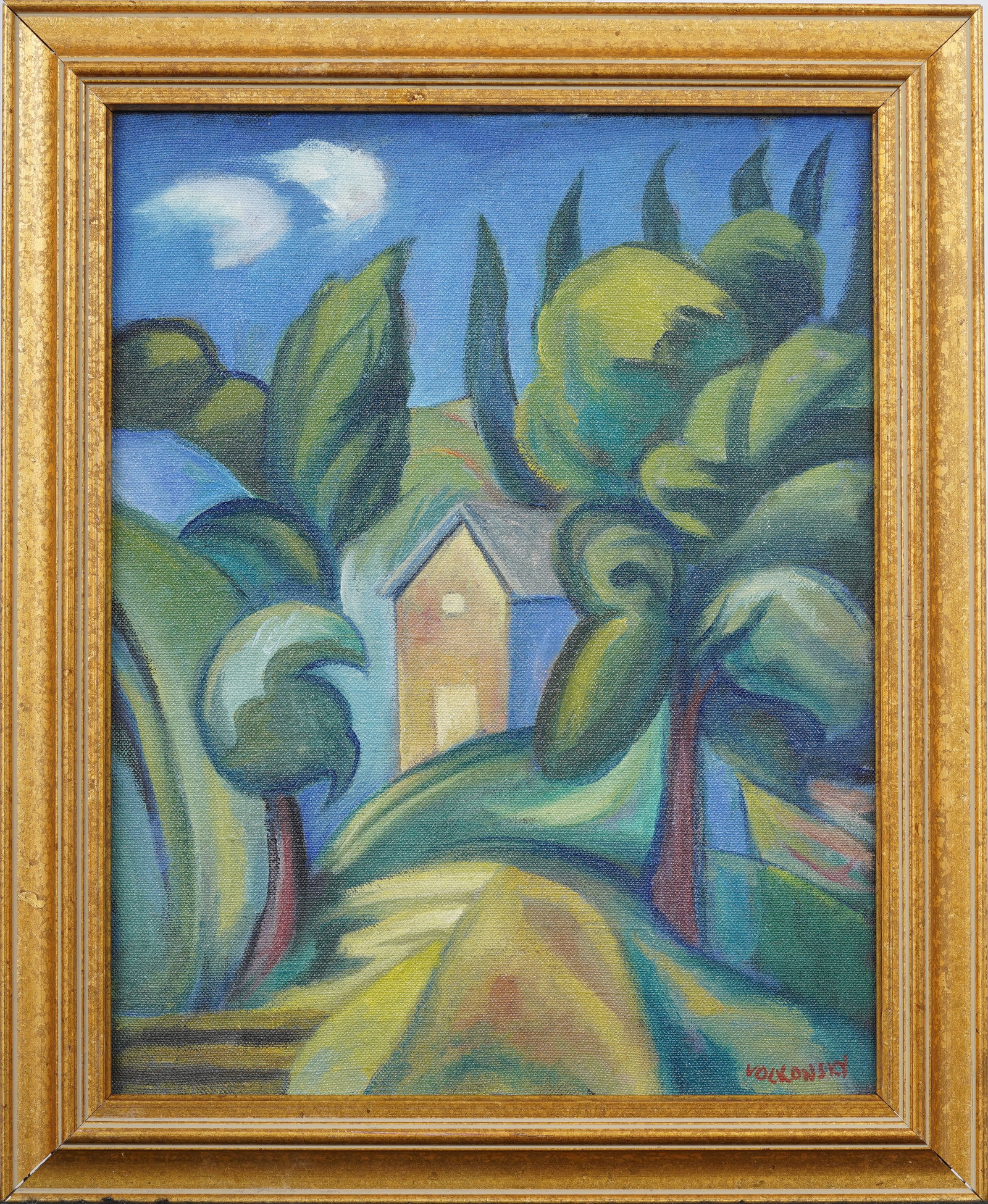 Signed Vintage American School Modernist Landscape Framed Original Oil Painting: Vintage American school landscape oil painting. Measuring: 14 by 17 inches overall, and 11 by 14 painting alone. Please see all images for condition. Size is measured and written on the back of the pa