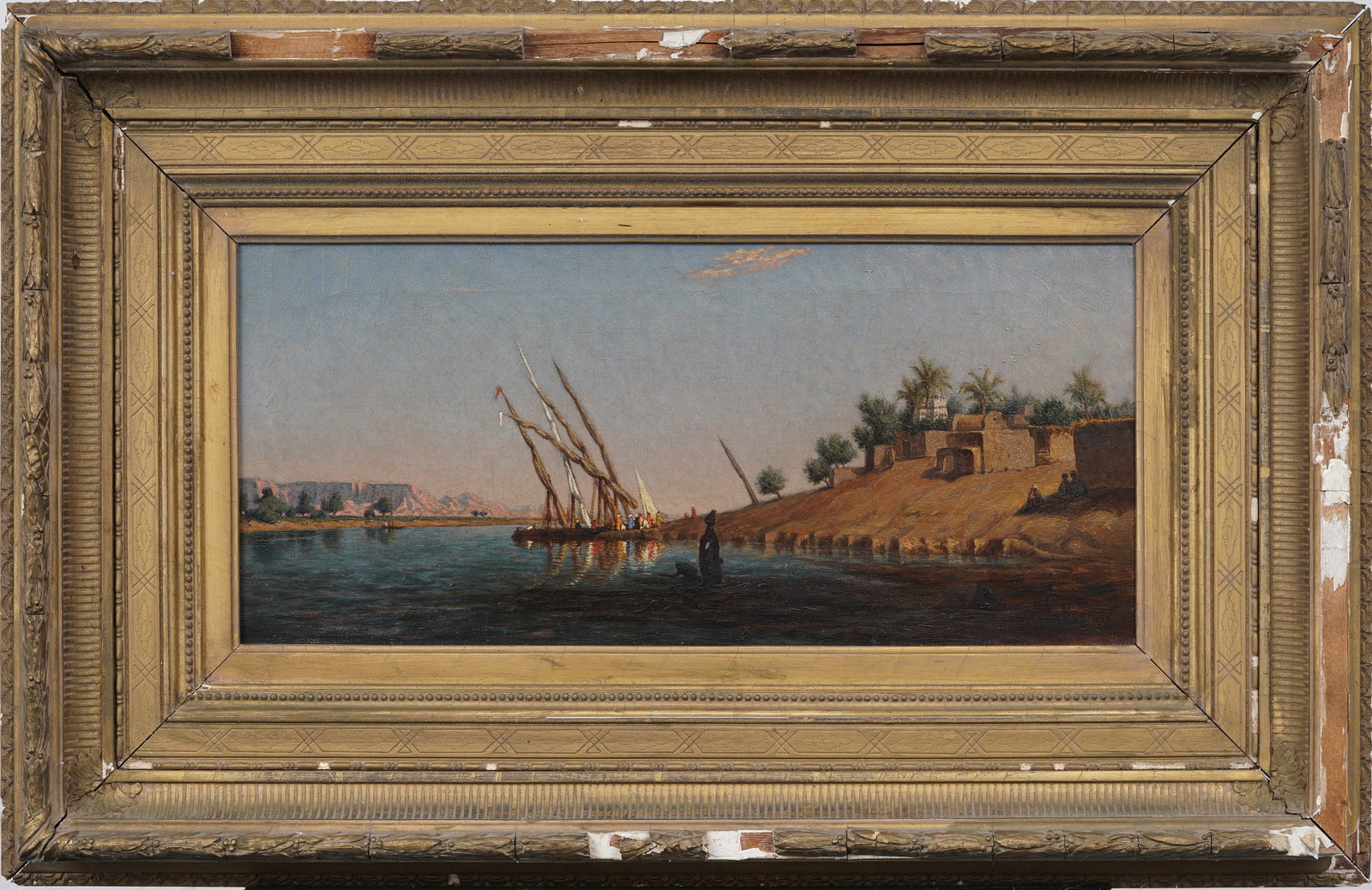 Important 19th Century Egyptian Nile River Landscape Orientalist Framed Signed Original Oil Painting (1 of 11)