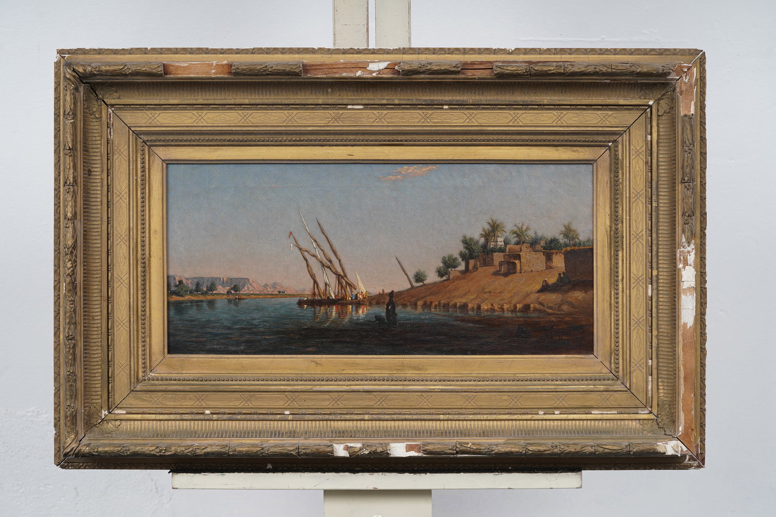 Important 19th Century Egyptian Nile River Landscape Orientalist Framed Signed Original Oil Painting - 2