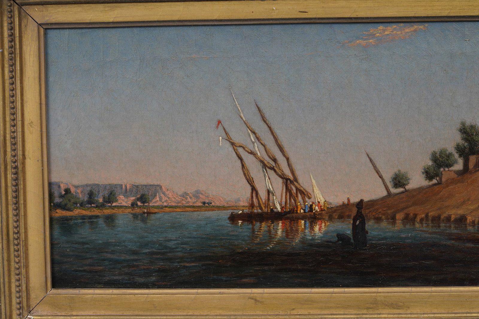 Important 19th Century Egyptian Nile River Landscape Orientalist Framed Signed Original Oil Painting - 4