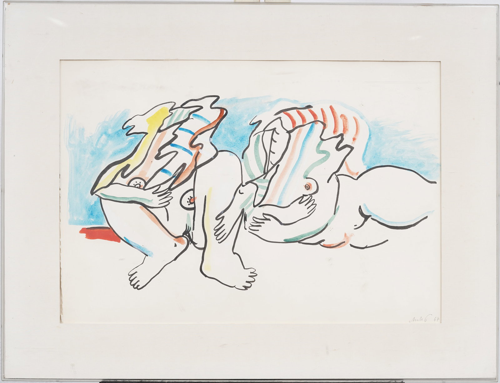 Horst Antes (b.1936) Vintage German Modernist Nude Couple Portrait Exhibited Original Watercolor: Vintage german watercolor. Watercolor on paper. Signed, Framed. Measuring: 22 by 29 inches overall, and 15 by 22 painting alone. Please see all images for condition. Size is measured and written on th