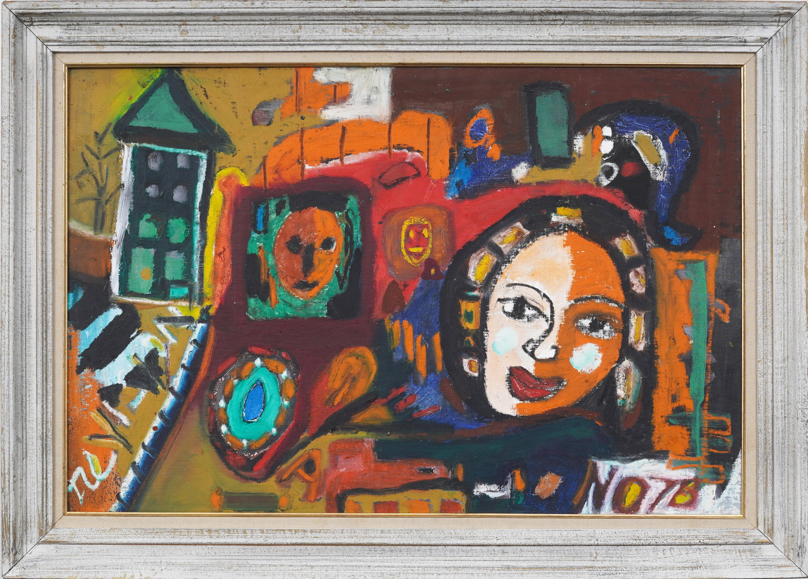 Vintage American Vibrant Abstract Expressionist Lady Train Original Framed Acrylic Painting (1 of 9)