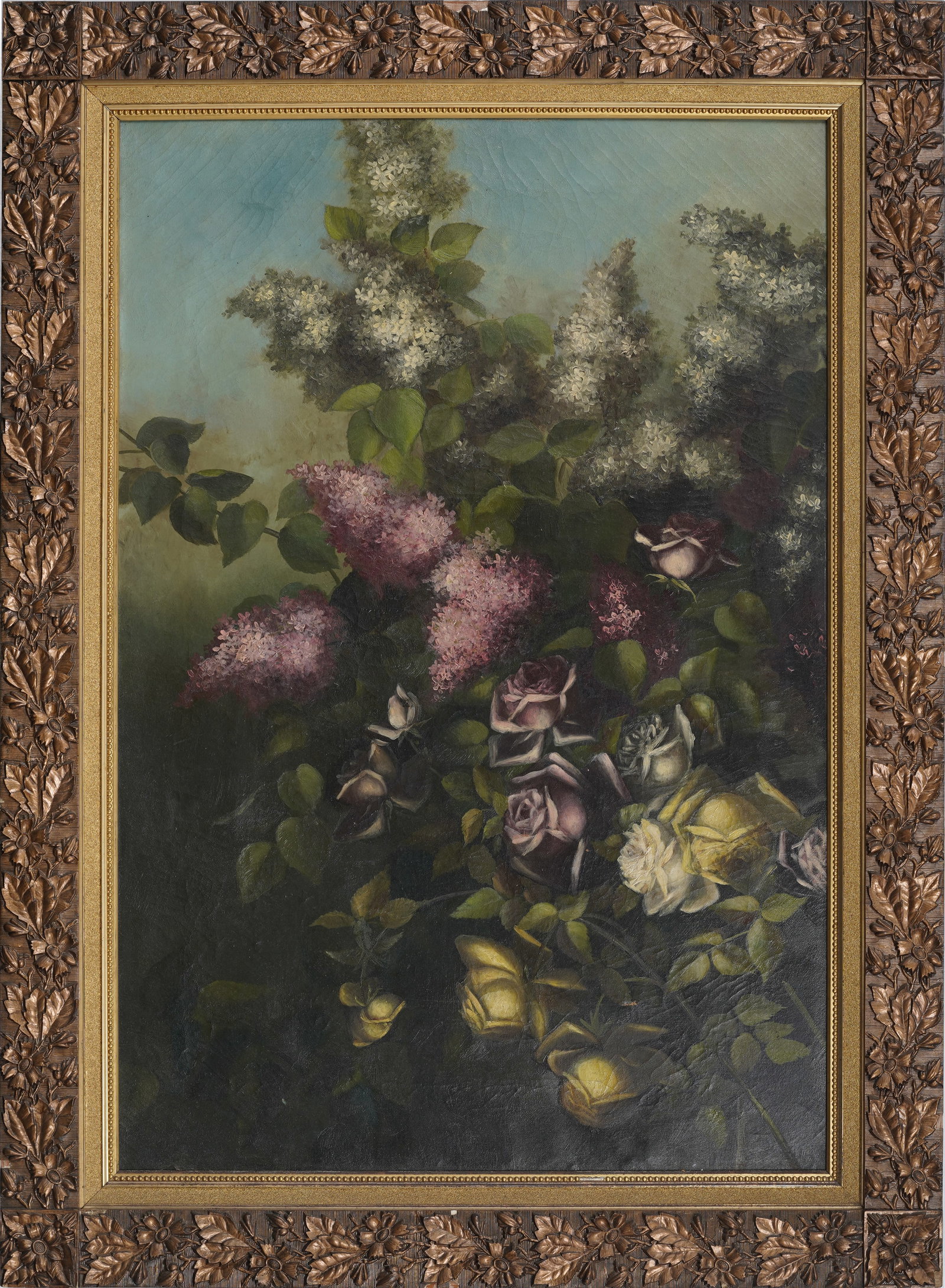 Antique American School Lilacs and Roses Garden Flowers Still Life Original Framed Oil Painting (1 of 6)