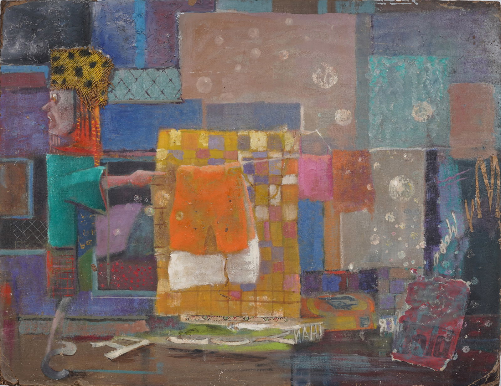 Vintage American Modernist Geometric Figurative Street Alley Scene Original Oil Painting: Vintage American oil painting. Measuring: 44 by 54 inches overall. Please see all images for condition. Size is measured and written on the back of the painting or next to each object. The first size