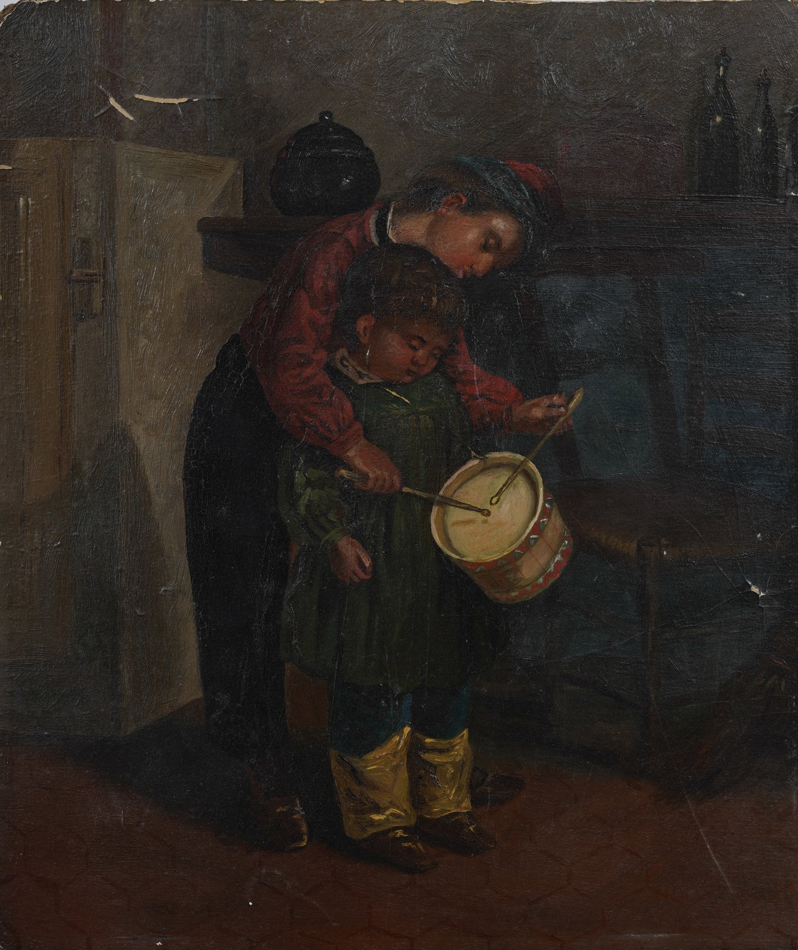 Antique American Genre Scene Painting Brother Drummer Boy Lessons Original Oil Painting (1 of 5)