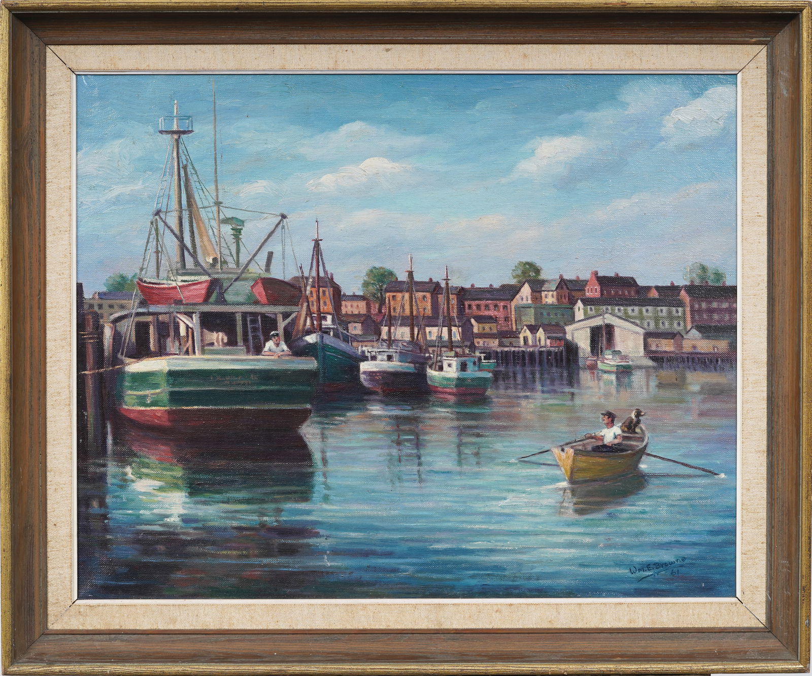 William Ellis Browne (1908-1985) Vintage British Figurative Harbor Rowboat Maritime Oil Painting (1 of 9)