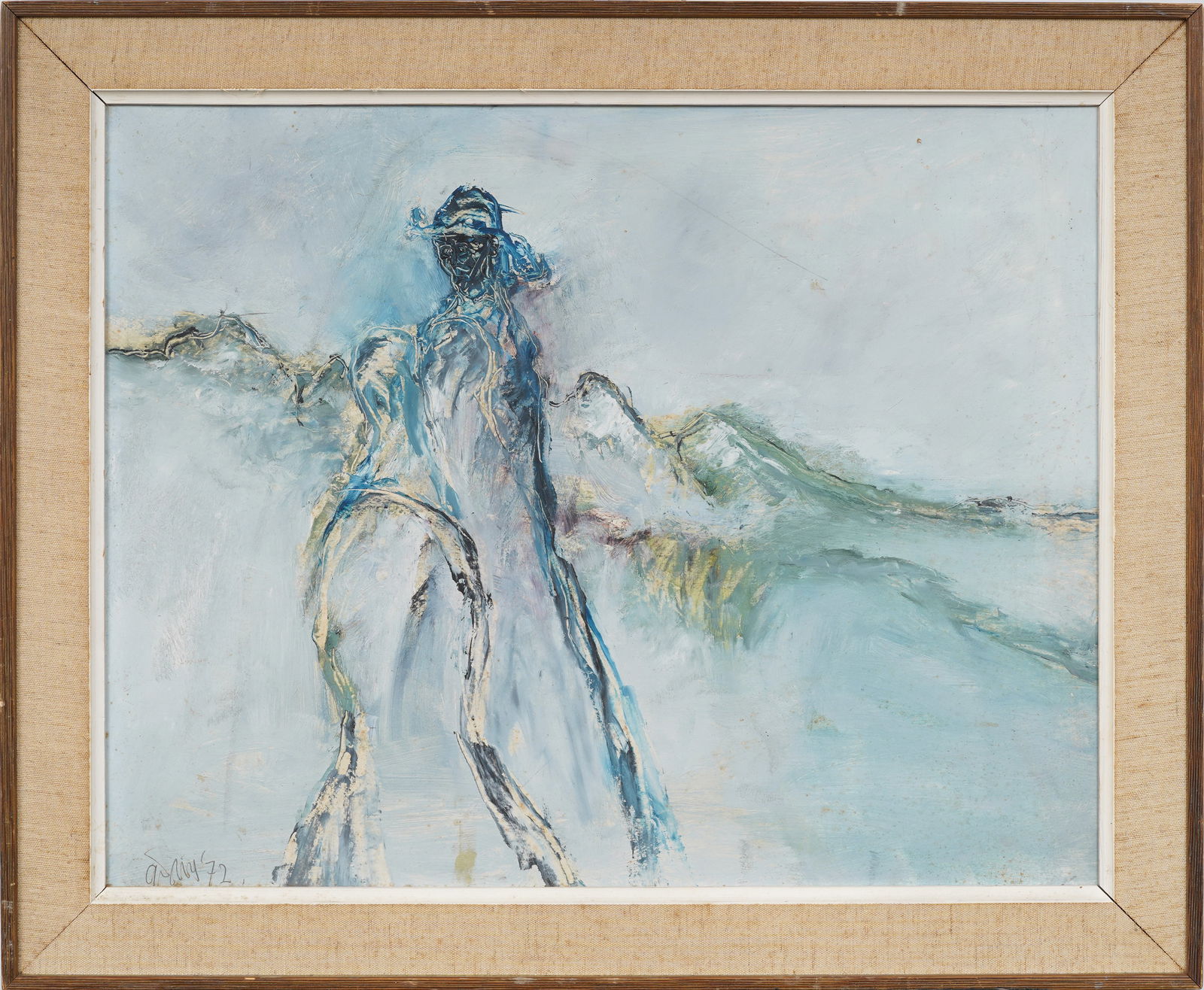 Gerald Davis (1938-2005) Irish Modernist Abstract Figurative "Winter Travelers" Original Painting: Vintage Irish modernist painting. Signed and titled, dated. Framed. Measuring: 20 by 24 inches overall, and 16 by 20 painting alone. Please see all images for condition. Size is measured and written o