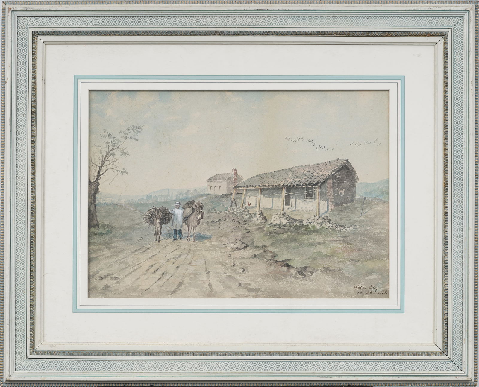 Signed Antique American Pastoral Farm Work Landscape Original Watercolor Painting (1 of 8)
