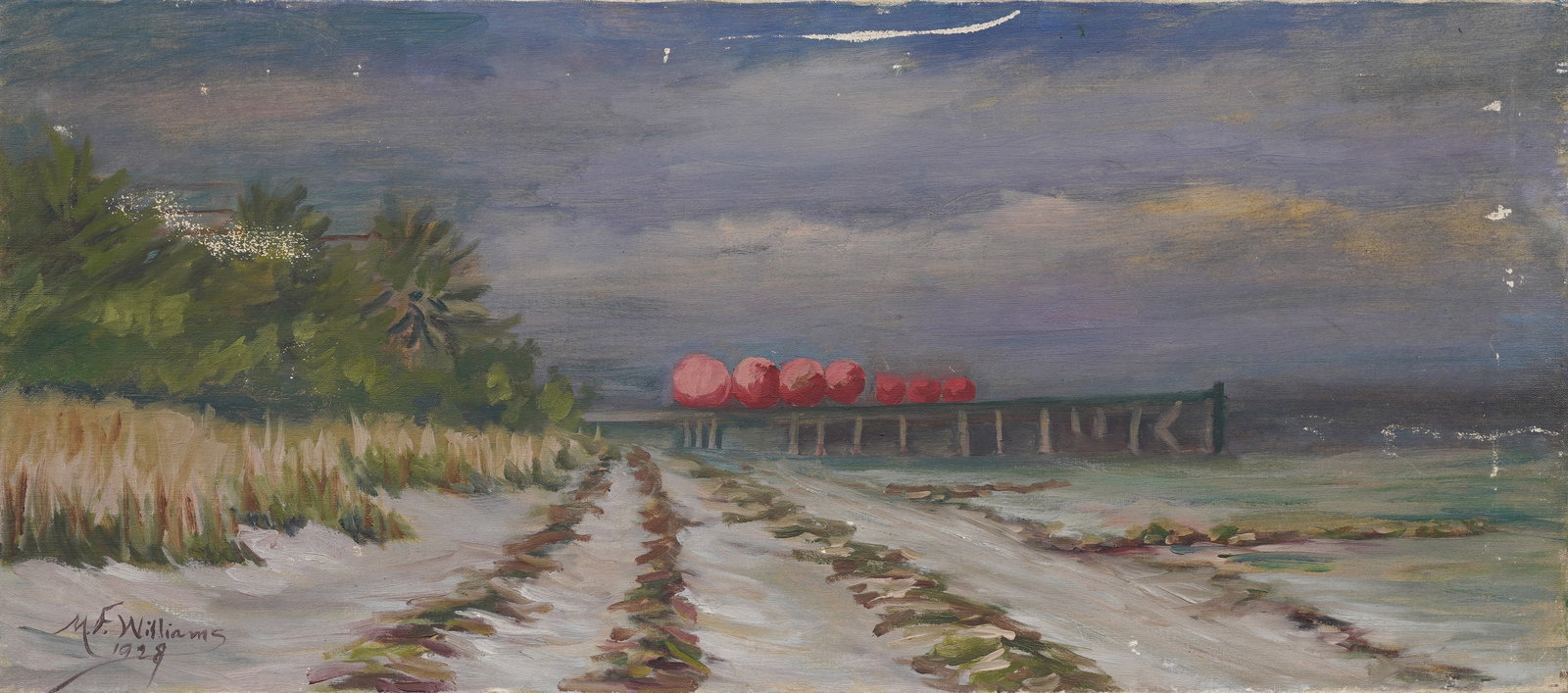 1928 Old Florida Tropical Palm Tree Signed Vintage American Beach Grass Seashore Oil Painting: Vintage American beach scene oil painting. Oil on canvas. Signed. Measuring: 16 by 36 inches overall. Please see all images for condition. Size is measured and written on the back of the painting or n