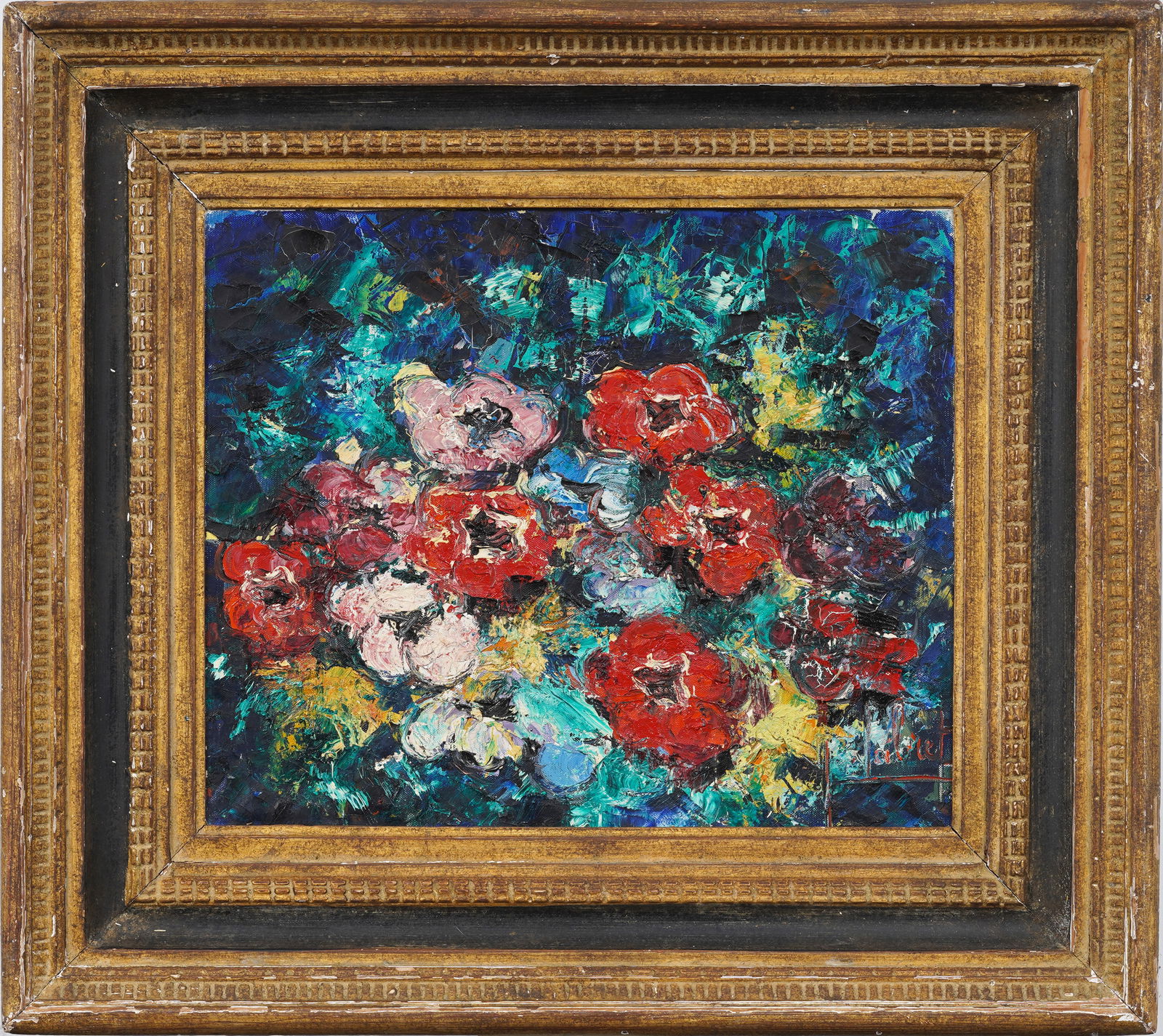 Signed M.S. Labret Mid Century Modernist Impasto Floral Still Life Original Framed Oil Painting: Vintage American oil painting. Oil on canvas. Signed. Framed. Measuring: 24 by 27 inches overall, and 18 by 15 painting alone. Please see all images for condition. Size is measured and written on the