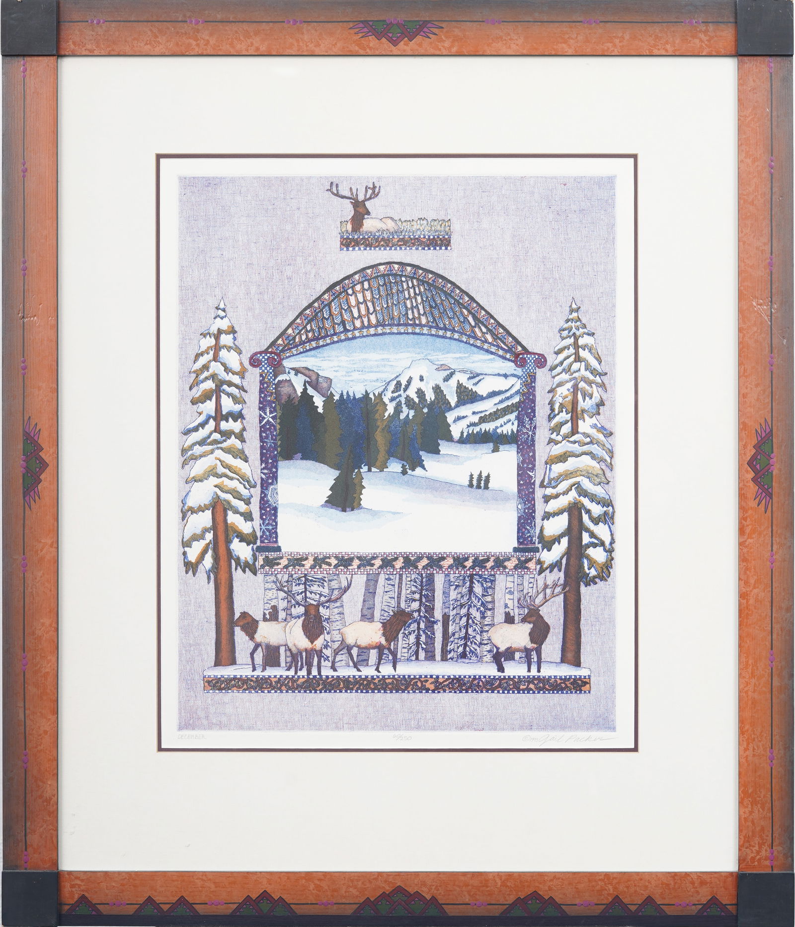 Gail Packer (1945-2008) Original American Aquatint Etching "December" One-of-a-Kind Painted Frame (1 of 10)
