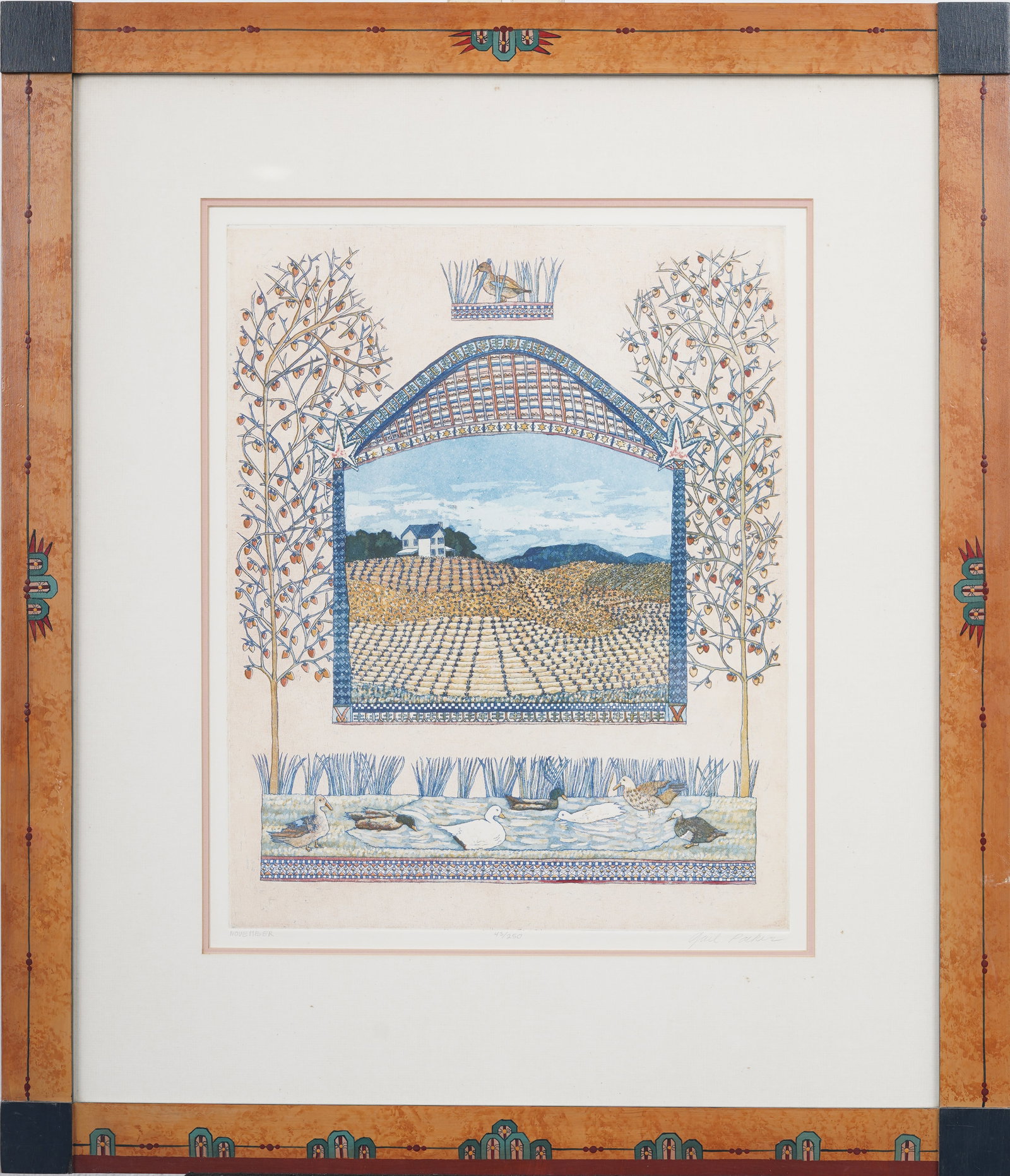 Gail Packer (1945-2008) Original American Aquatint Etching "November" One-of-a-Kind Painted Frame (1 of 12)