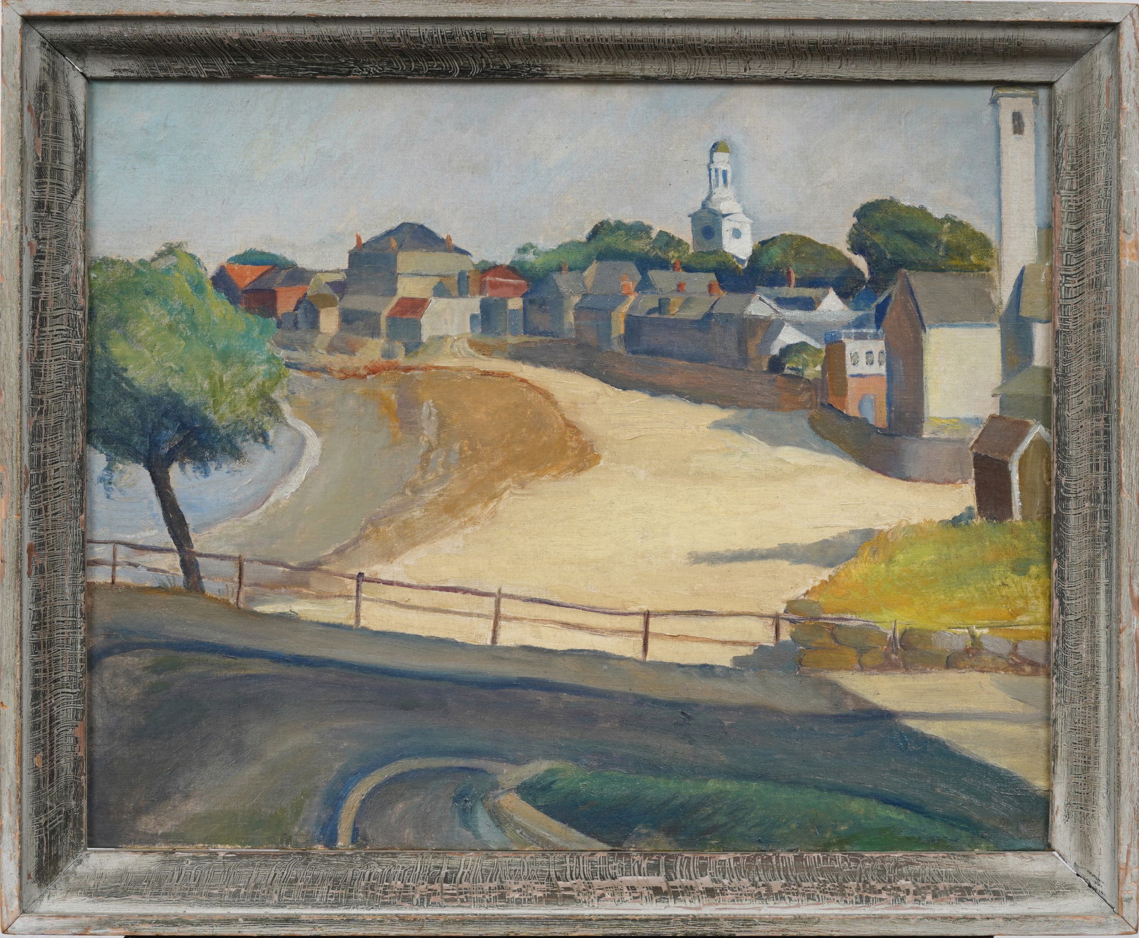 Vintage American Coastline Beach Scene Summer Town Original Framed Modernist Oil Painting (1 of 7)