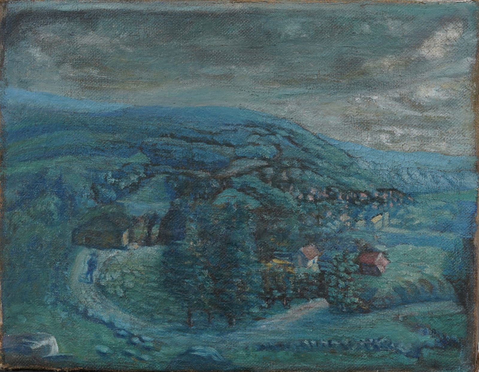 Antique American Bird's Eye View Small Town Panoramic Modernist Landscape Original Oil Painting: Vintage American oil painting. Oil on canvas. Measuring: 10.5 by 13.5 inches overall. Please see all images for condition. Size is measured and written on the back of the painting or next to each obje