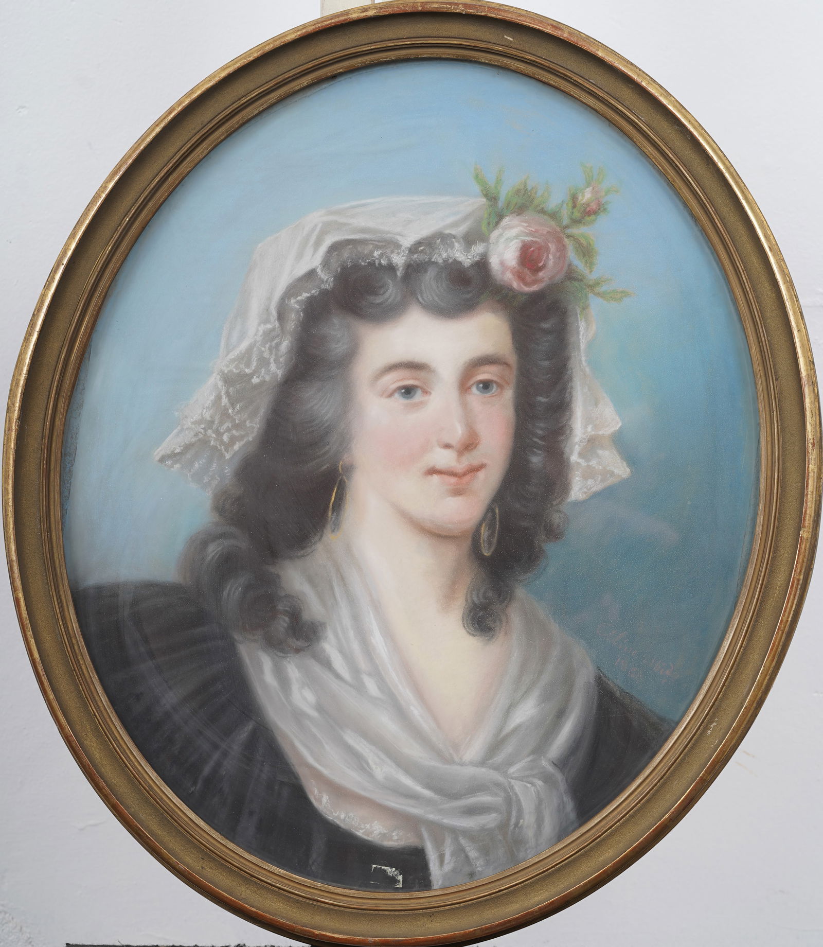 Antique Continental School Portrait of a Lady in Bonnet with Rose Original Pastel Painting (1 of 5)