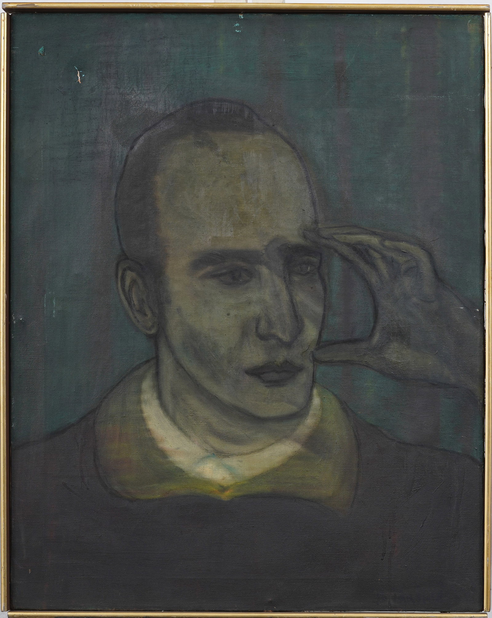 Vintage American Mid Century Modernist Male Portrait Original Oil Painting Signed "B. Tarshis": Vintage American oil painting. Oil on canvas. Signed. Framed with strip molding. Measuring: 29 by 23 inches overall, and 28 by 22 painting alone. Please see all images for condition. Size is measured