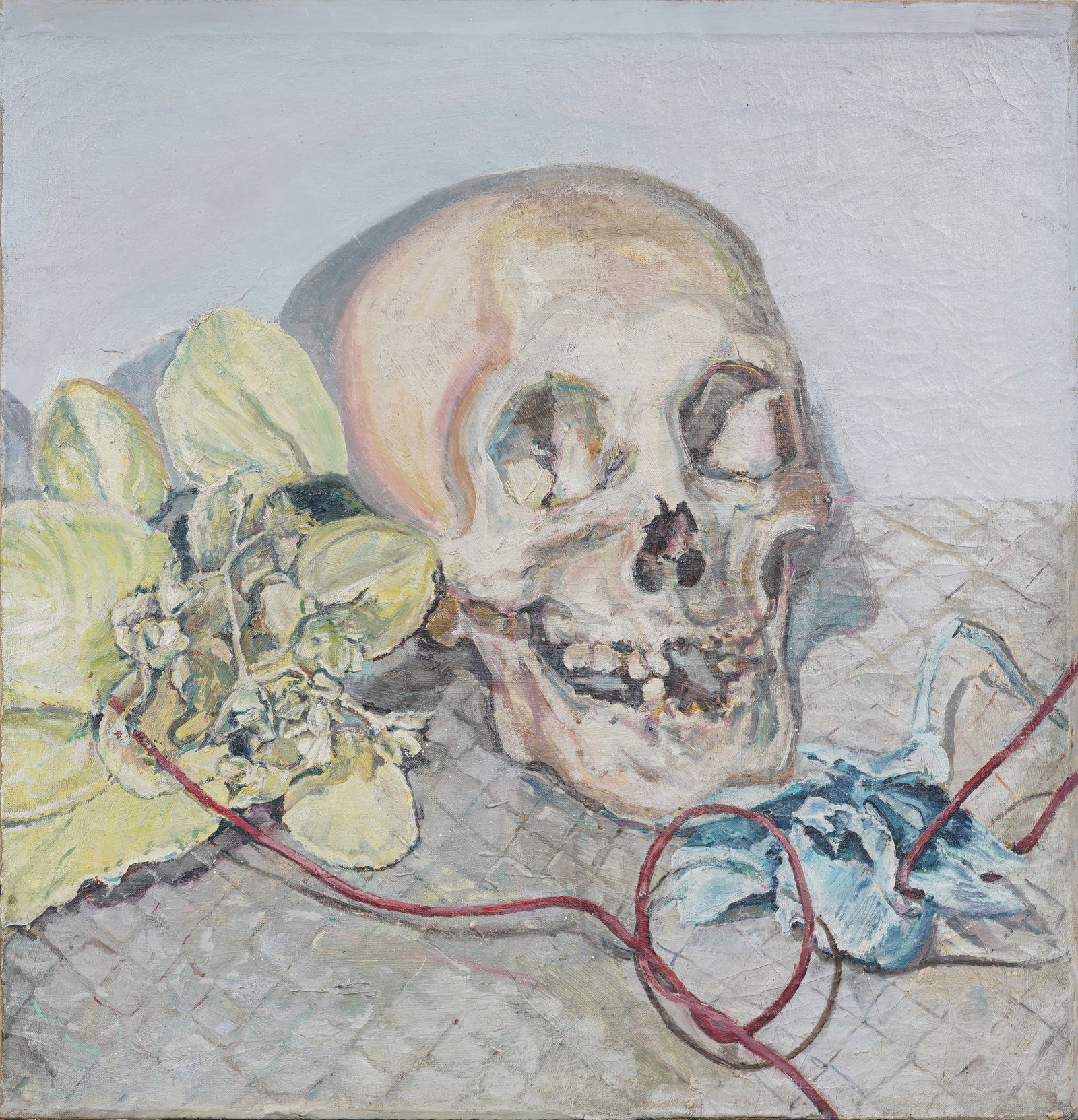 Vintage American Still Life with Skull and Flowers Macabre Symbolist Original Oil Painting: Vintage American oil painting. Oil on canvas. Measuring: 27 by 26 inches overall. Please see all images for condition. Size is measured and written on the back of the painting or next to each object.