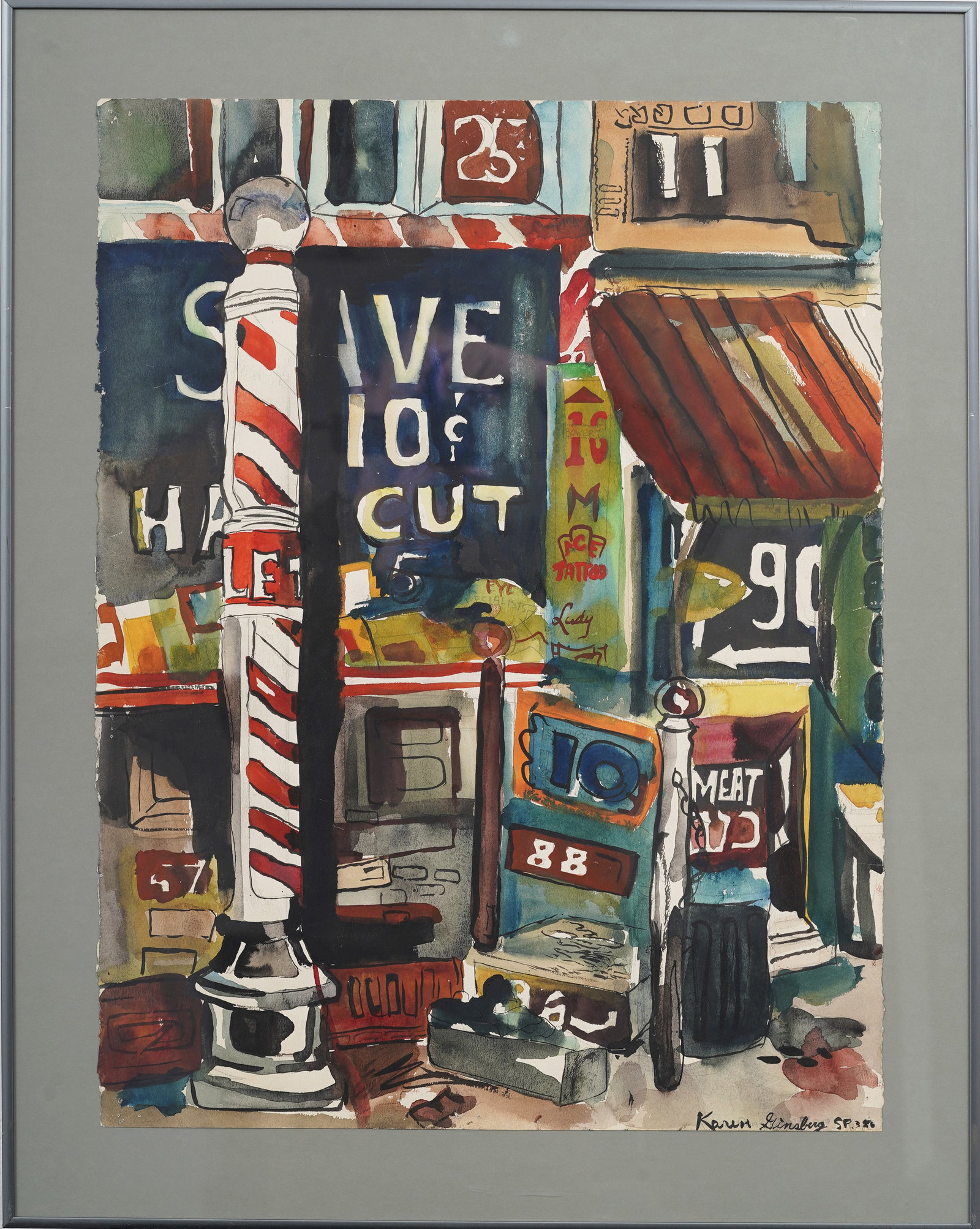 Vintage American Barber Pole Street Corner Original Watercolor Painting Signed "Karen Ginsberg (1 of 7)