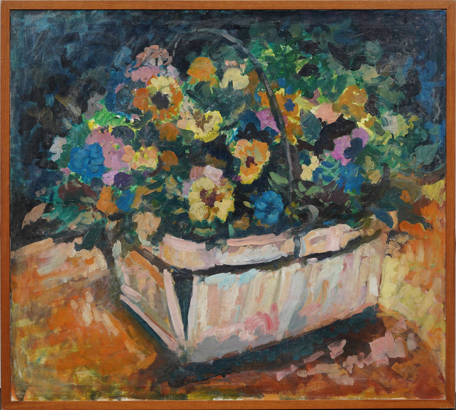 Large Vintage American Modernist Still Life Basket of Pansies Original Framed Oil Painting: Large vintage American oil painting. Oil on canvas. Framed. Measuring: 38 by 42 inches overall, and 35.25 by 39.5 painting alone. Please see all images for condition. Size is measured and written on t