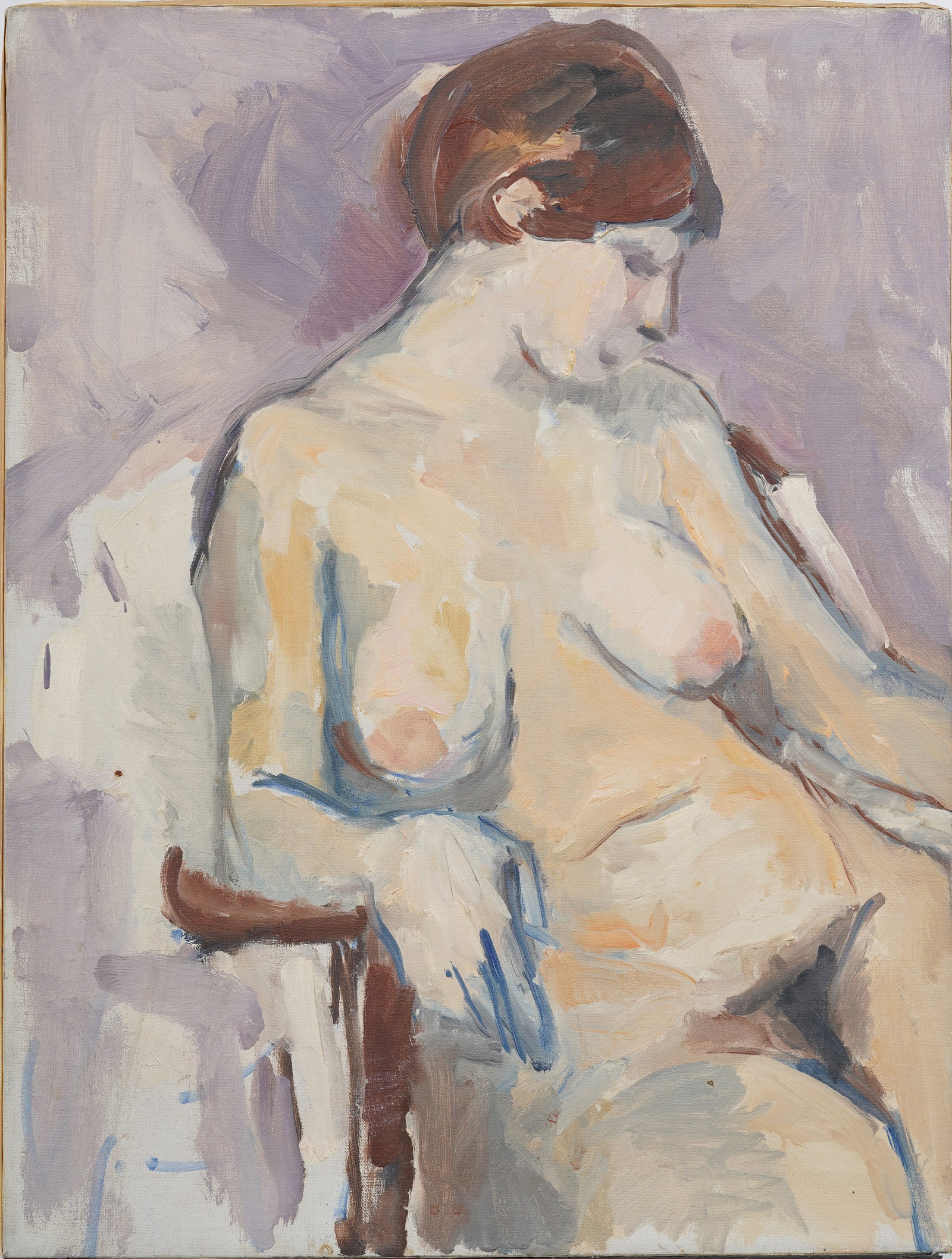 Vintage American Impressionist Seated Female Nude Portrait Original Oil Painting: Vintage American oil painting. Oil on canvas. Measuring: 24 by 18 inches overall. Please see all images for condition. Size is measured and written on the back of the painting or next to each object.