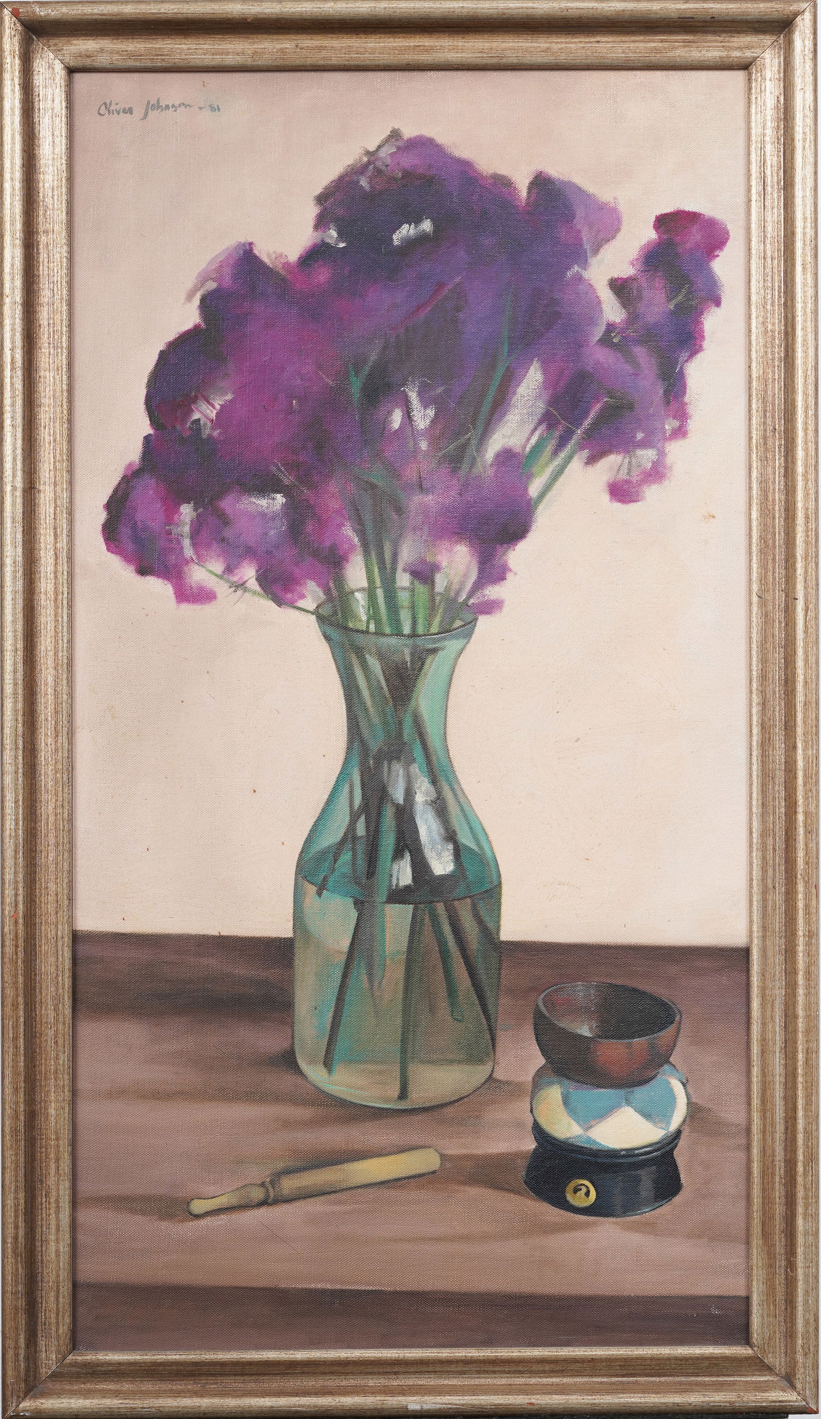 Oliver Johnson ( b.1948) Vintage American Vase of Irises Still Life Original Framed Oil Painting: Vintage American oil painting. Oil on canvas. Signed. Framed. Measuring: 32 by 18 inches overall, and 30 by 16 painting alone. Please see all images for condition. Size is measured and written on