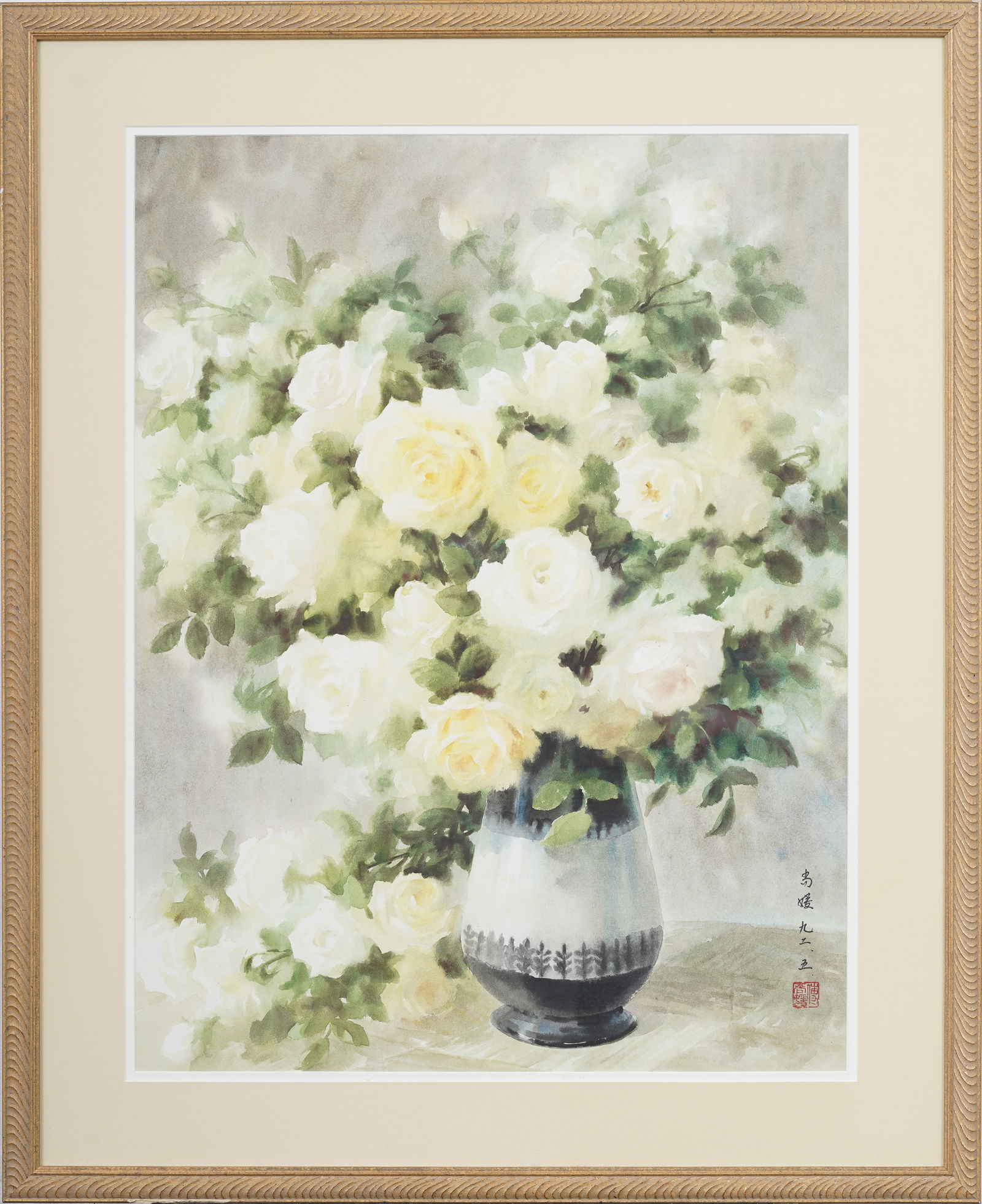 Fu Shangyuan (b. 1933) Vintage Chinese White Roses Still Life Original Watercolor Painting: Vintage Chinese watercolor painting. Watercolor on paper. Signed and stamped. Framed. Inscribed verso with artist bio. Measuring: 33 by 27 inches overall, and 26 by 19.75 painting alone. Please see al