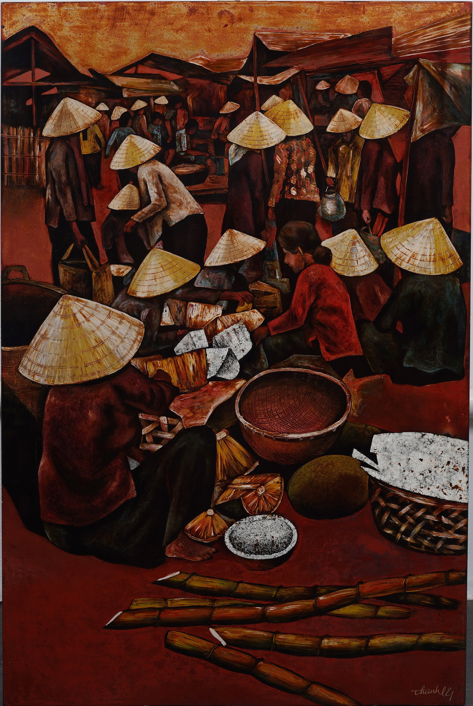 Vintage Signed Vietnamese Large Market Scene Original Painting: Vintage large Vietnamese market painting. Measuring: 32 by 48 inches overall. Please see all images for condition. Size is measured and written on the back of the painting or next to each object.