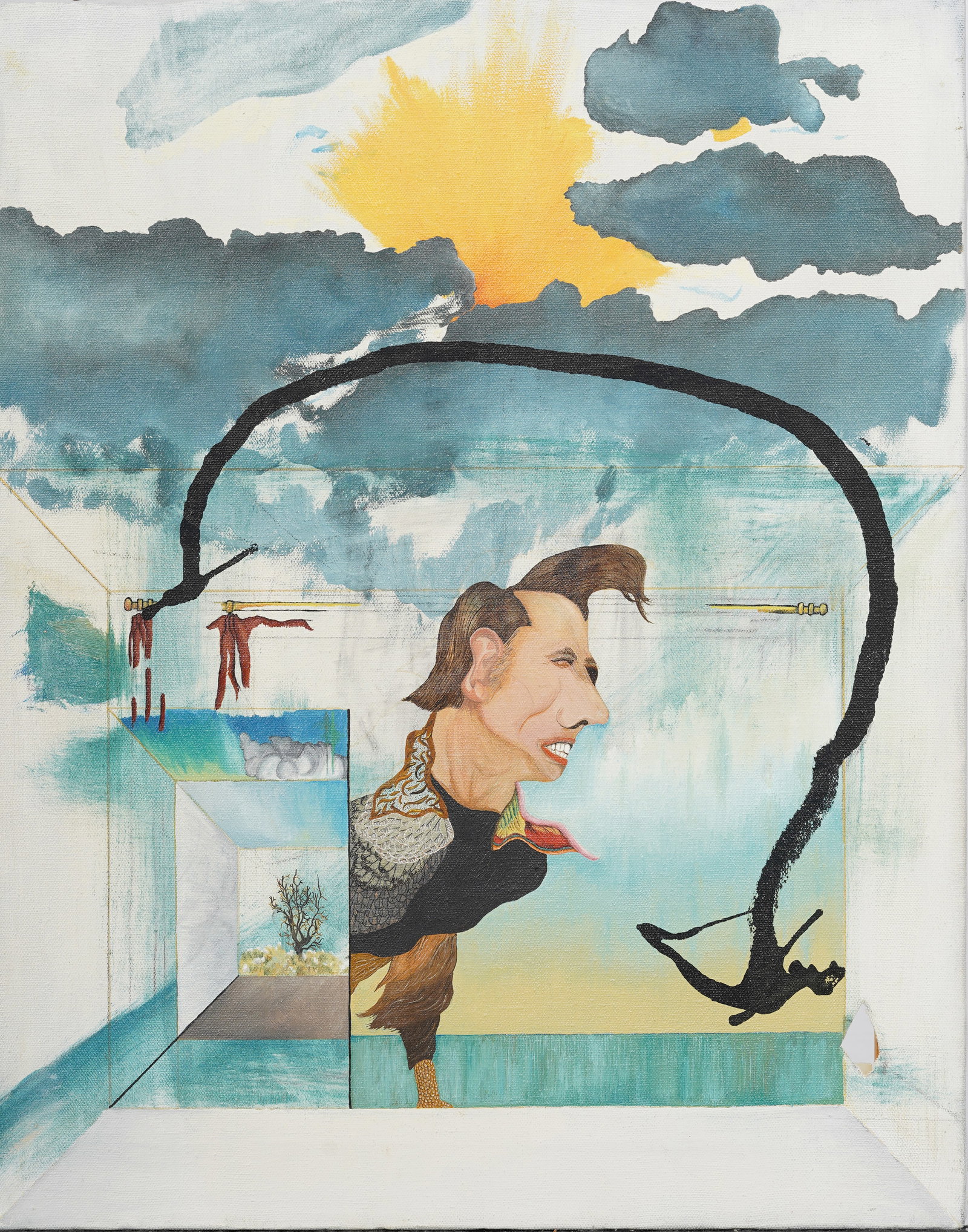 Vintage American Surreal "Nicholas Cage Chicken Man" Surreal Modernist Original Oil Painting: Vintage American surreal portrait oil painting. Measuring: 20 by 16 inches overall. Please see all images for condition. Size is measured and written on the back of the painting or next to each object