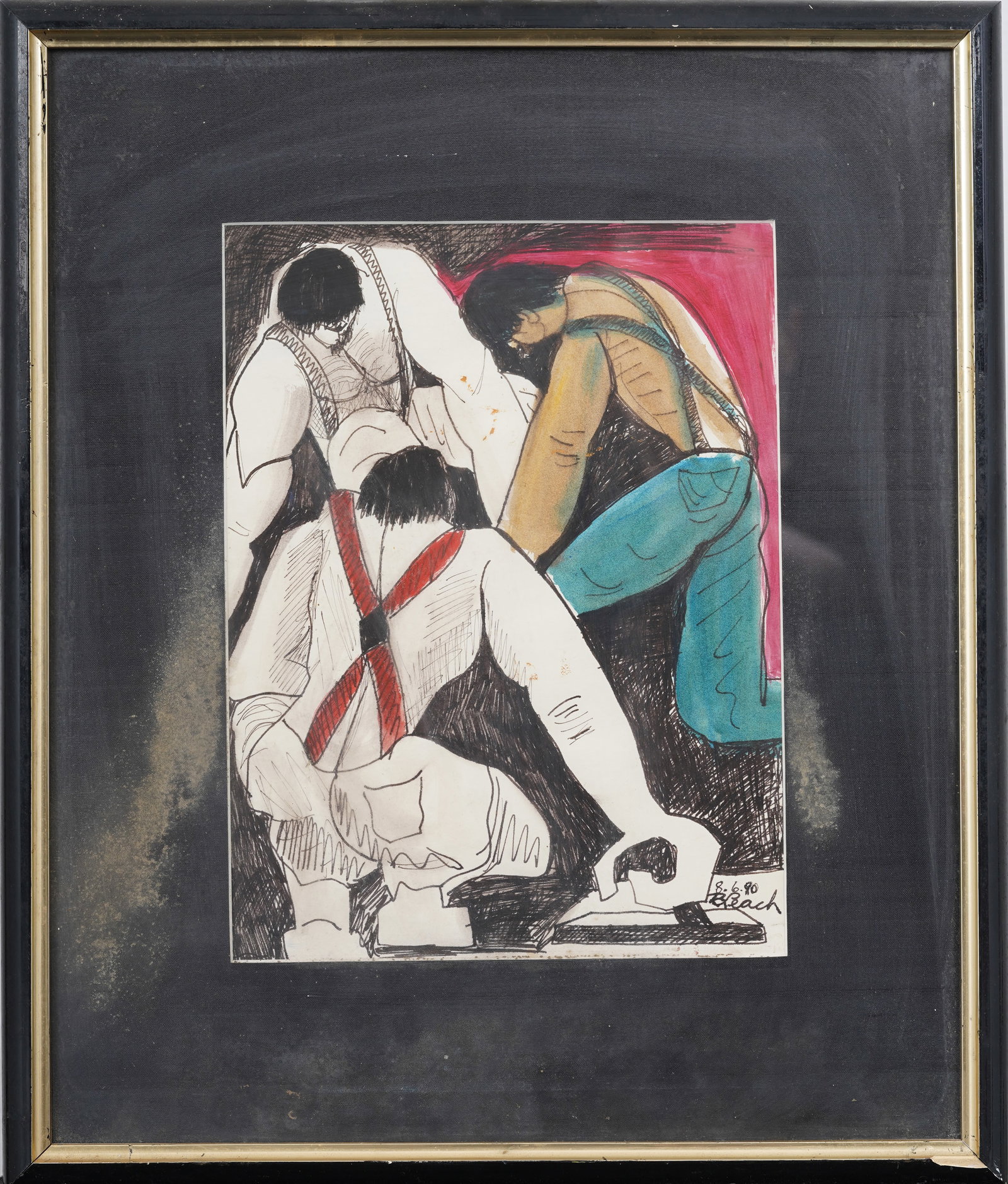 Vintage American Signed Muscle Men Working Framed Watercolor Painting: Vintage American painting. Measuring: 16 by 19 inches overall. Please see all images for condition. Size is measured and written on the back of the painting or next to each object. The first size is t