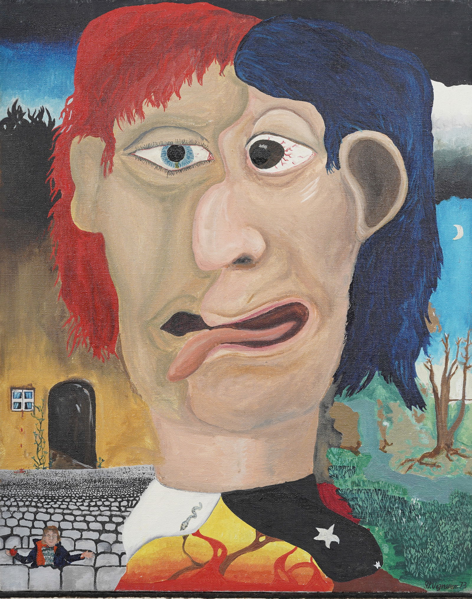 Vintage Outsider Folk Art Male Portrait Surreal Oil Painting Signed (1 of 9)