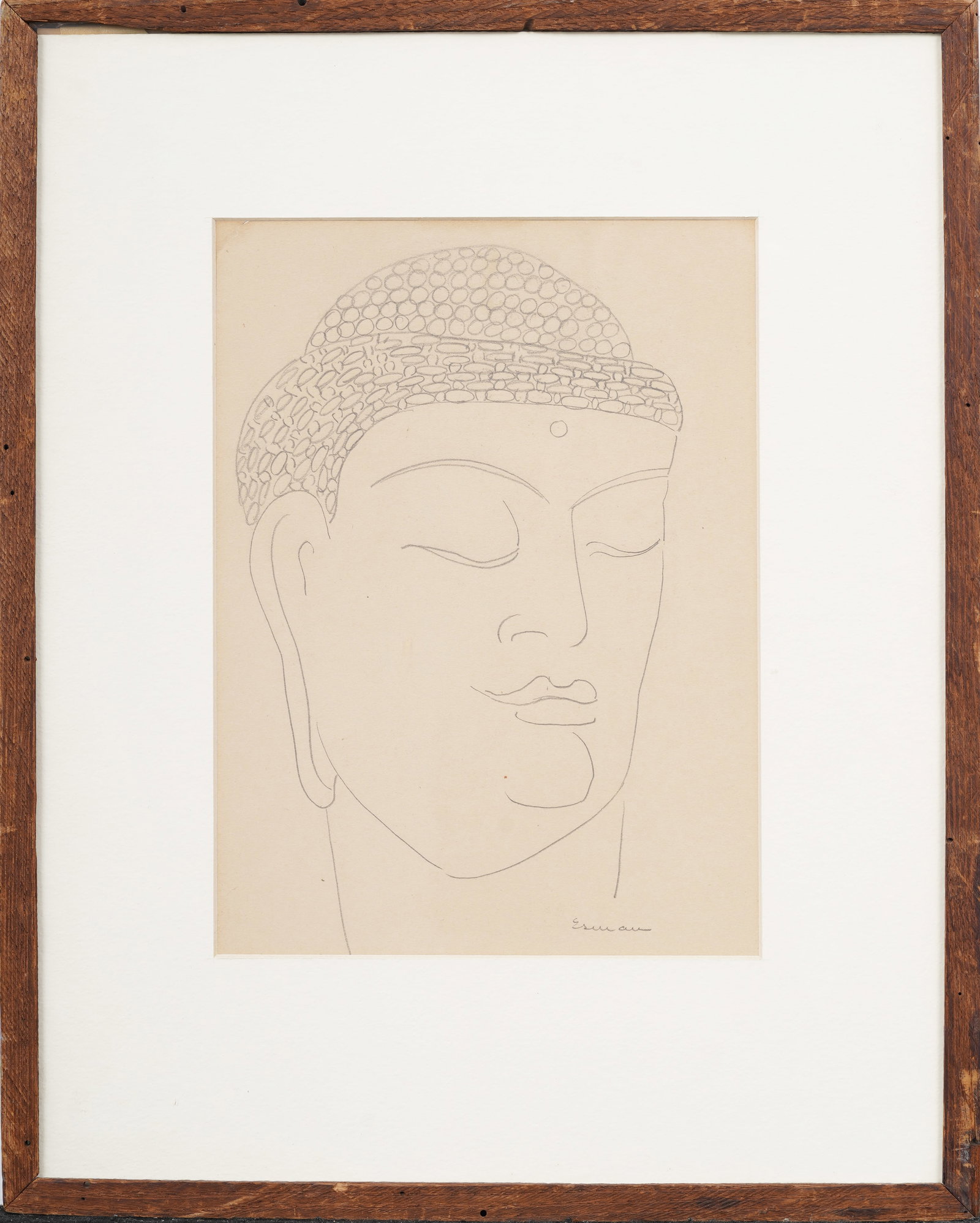 Vintage Signed Framed Budda Head Portrait Original Drawing: Vintage drawing. Measuring: 14 by 18 inches overall. Please see all images for condition. Size is measured and written on the back of the painting or next to each object. The first size is the overall