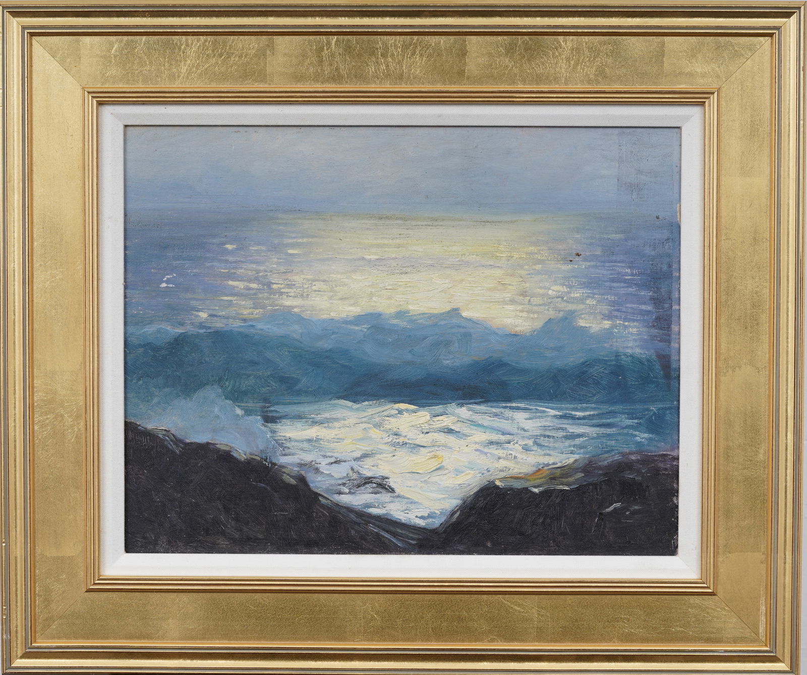 Rockport Coast Vintage American School Moonlit Crashing Surf Framed Seascape Original Oil Painting (1 of 6)
