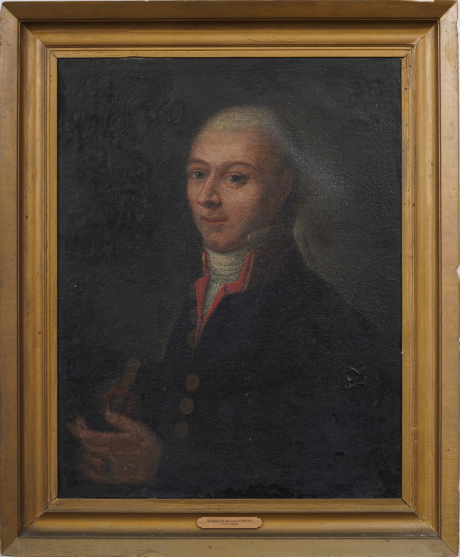 Marquis de Lafayette (1757-1834) Antique French American Important Historical Oil Painting Portrait: Antique historical portrait oil painting. Measuring: 25 by 30 inches overall, and 19 by 24 painting alone. Please see all images for condition. Size is measured and written on the back of the painting