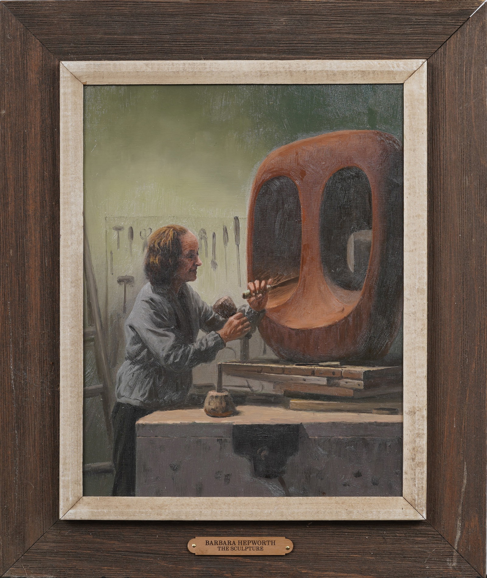 Vintage American Modernist Portrait of Barbara Hepworth Framed Original Oil Painting: Vintage American oil painting. Measuring: 16 by 19 inches overall, and 11 by 14 painting alone. Please see all images for condition. Size is measured and written on the back of the painting or next to