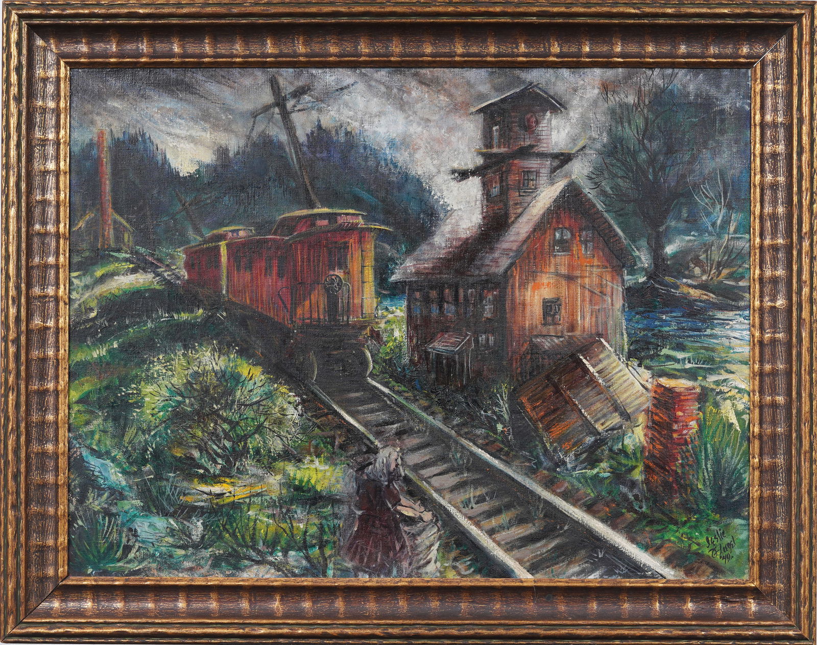 Leslie Fliegel (1912-1968) Allentown RailRoad Vintage American Modernist WPA Original Oil Painting: Vintage American modernist landscape oil painting. Measuring: 29 by 37 inches overall, and 23 by 31 painting alone. Please see all images for condition. Size is measured and written on the back of the
