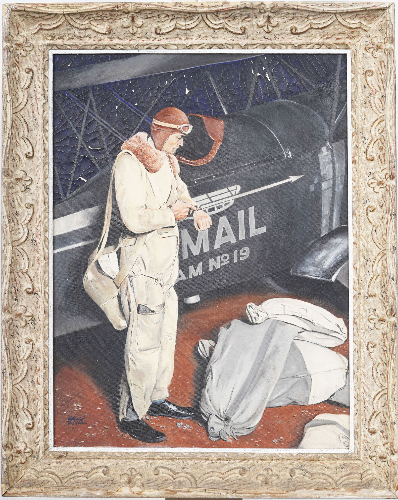 Albert DiSalle Signed Vintage American Airmail Pilot Framed Illustration Original Oil Painting: Vintage American airmail pilot illustration oil painting. Oil on canvas. Signed. Framed. Measuring: 24 by 30 inches overall, and 18 by 24 painting alone. Please see all images for condition. Size is m