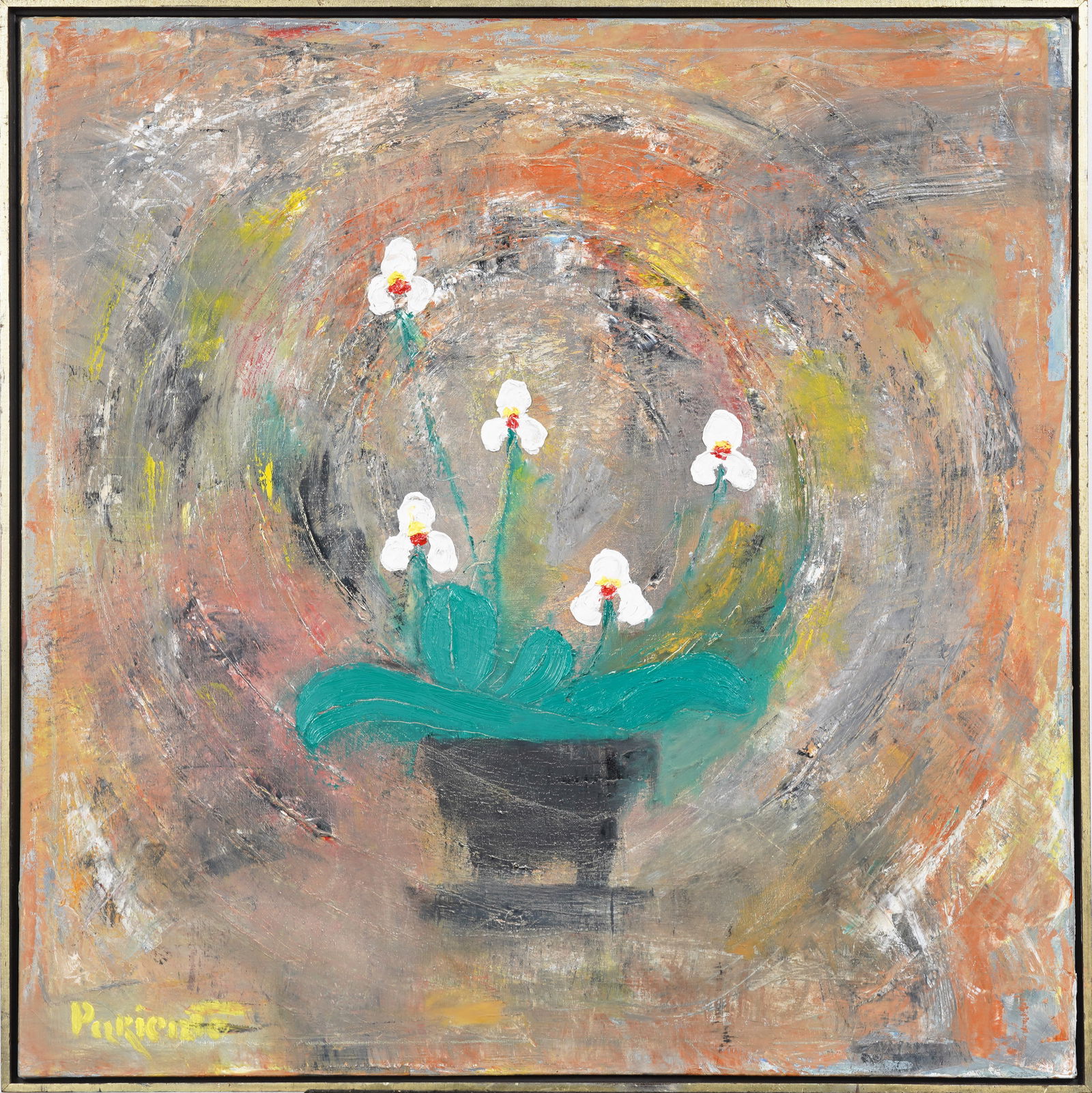 Abraham Pariente b1962 Israeli American Vivid Geometric Modernist Orchid Flower Still Life Painting: Vintage Israeli American modernist abstract flower still life oil painting. Oil on canvas. Framed. Measuring: 37 by 37 inches overall, and 36 by 36 painting alone. Please see all images for condition.