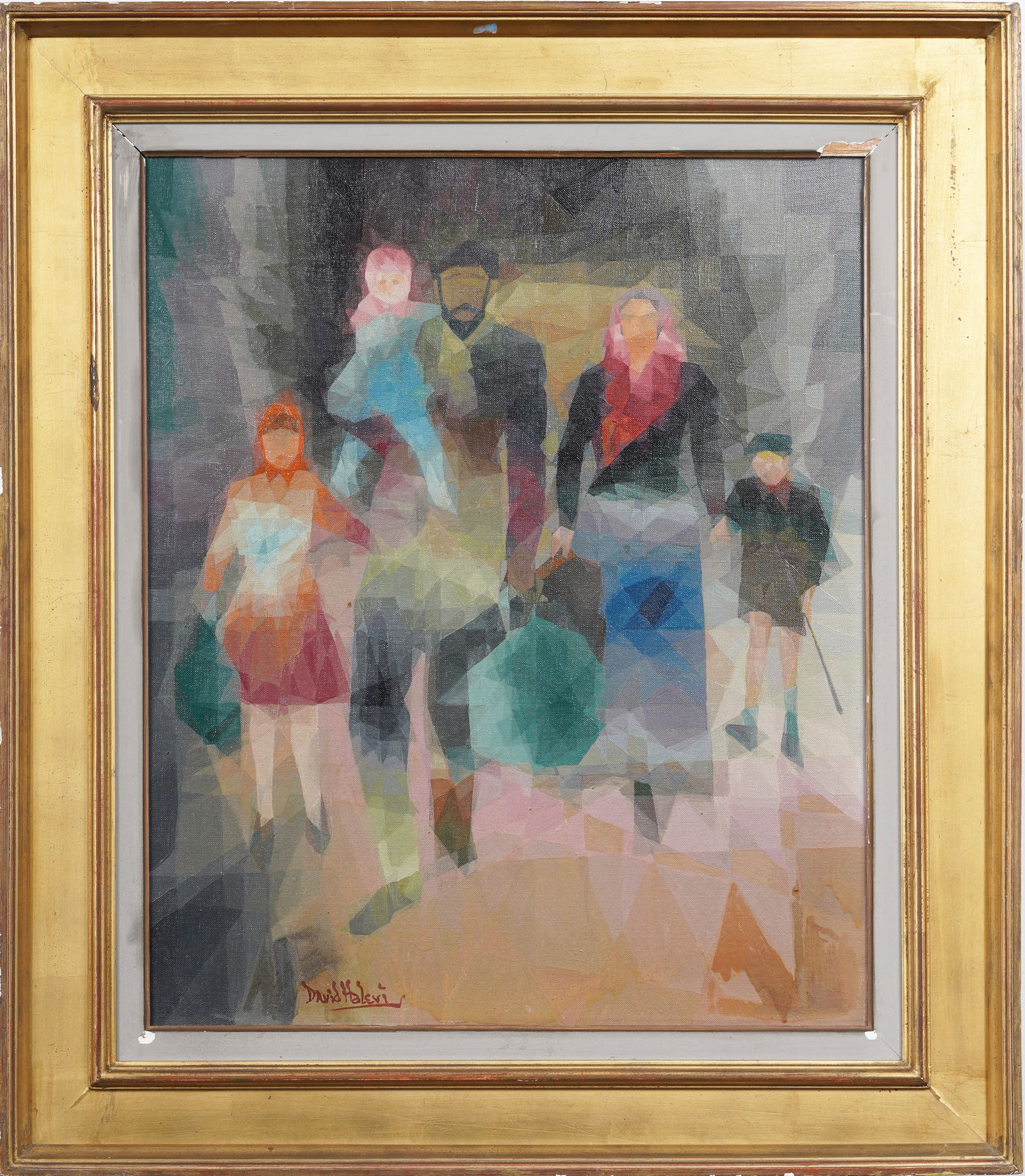 David Halevi Signed Israeli Modernist Vintage Cubist Family Portrait Framed Oil Painting: Vintage Israeli modernist family portrait oil painting. Oil on canvas. Framed. Signed. Measuring: 29 by 34 inches overall, and 21.5 by 25.5 painting alone. Please see all images for condition. Size is