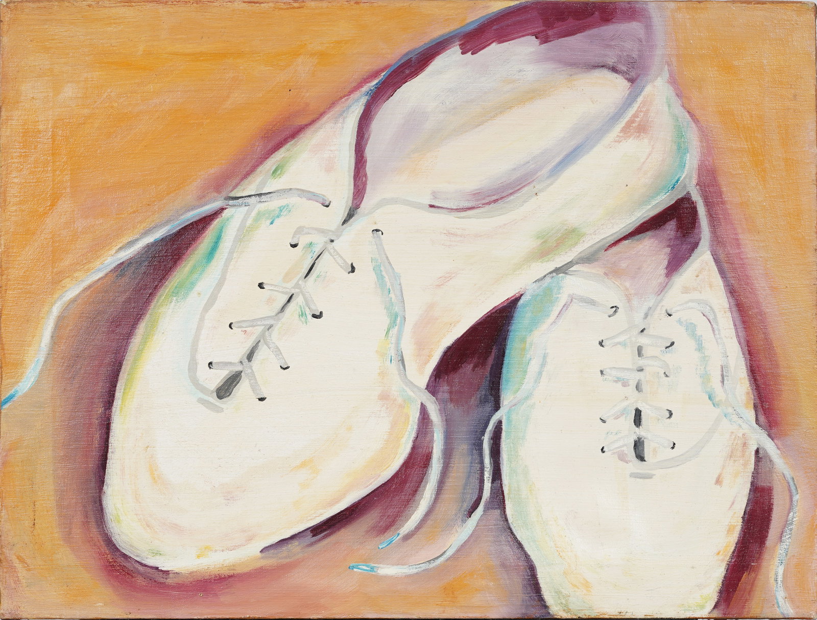 Vintage American School Modernist Shoe Portrait Still Life Original Oil Painting: Vintage American shoe still life oil painting. Measuring: 18 by 24 inches overall. Please see all images for condition. Size is measured and written on the back of the painting or next to each object.