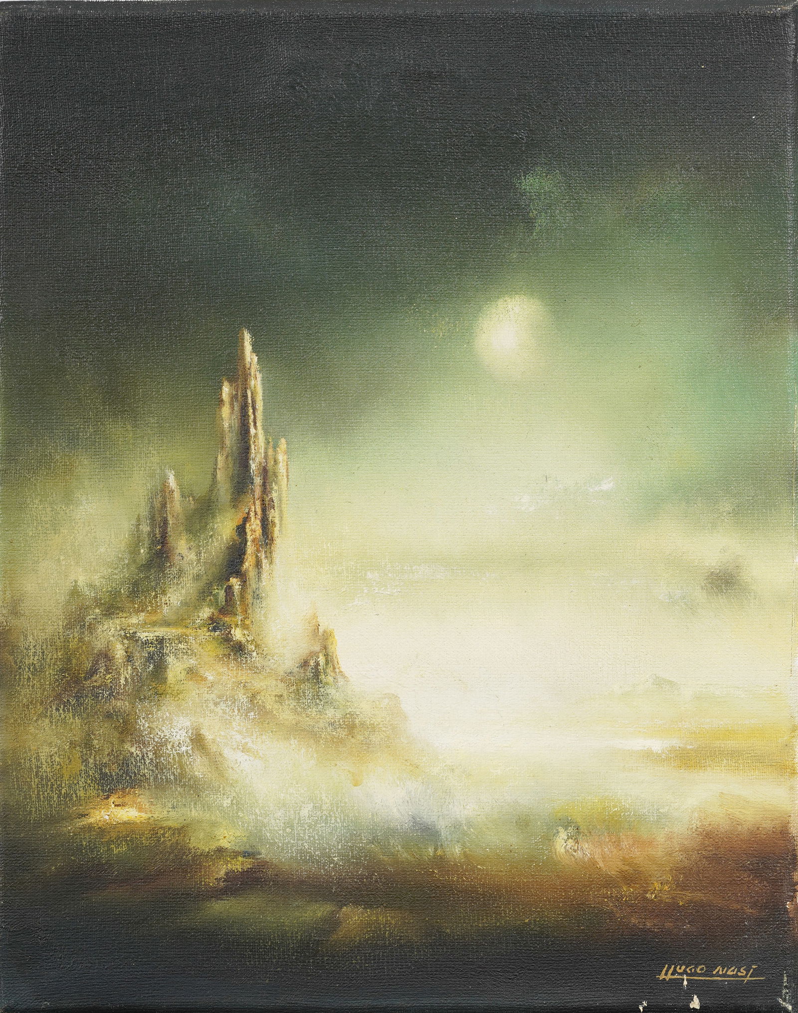 Signed Vintage Surreal Modernist Moonlit Mountain Landscape Oil Painting: Vintage American oil painting. Measuring: 9.5 by 12 inches overall. Please see all images for condition. Size is measured and written on the back of the painting or next to each object. The first size