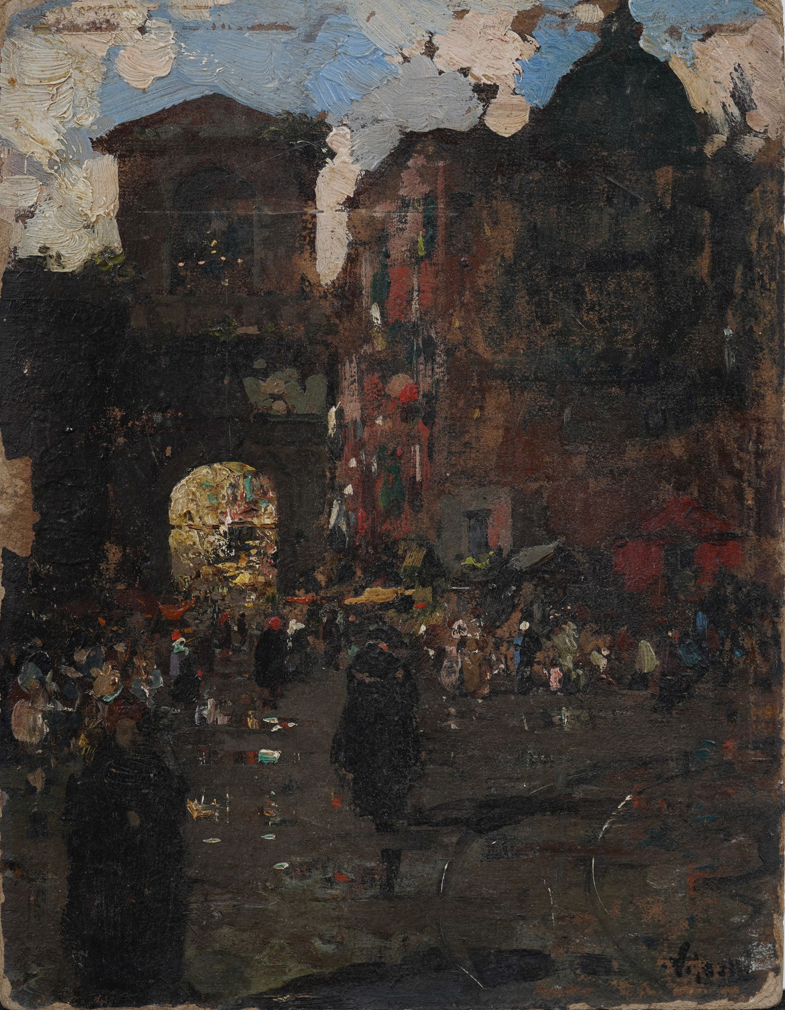 Antique European Masterful Impressionist Neapolitan School Italian Street Scene Oil Panting Signed: Antique European impressionist street scene oil painting. Exceptional quality. Signed. Measuring: 7 by 9 inches overall. Please see all images for condition. Size is measured and written on the back o
