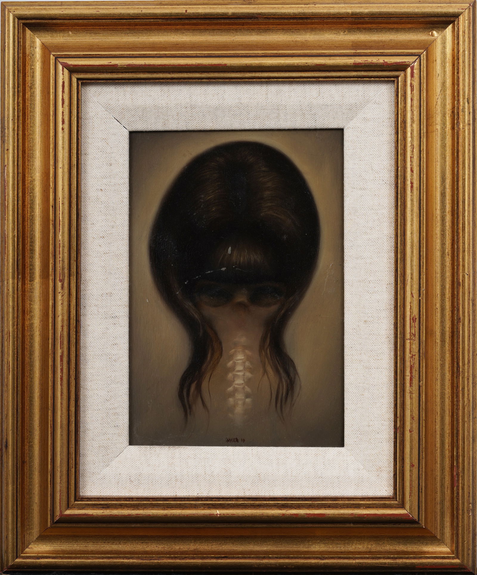 Signed Macabre Skeleton Hair Study Modernist Vintage American Surreal Framed Oil Painting (1 of 6)