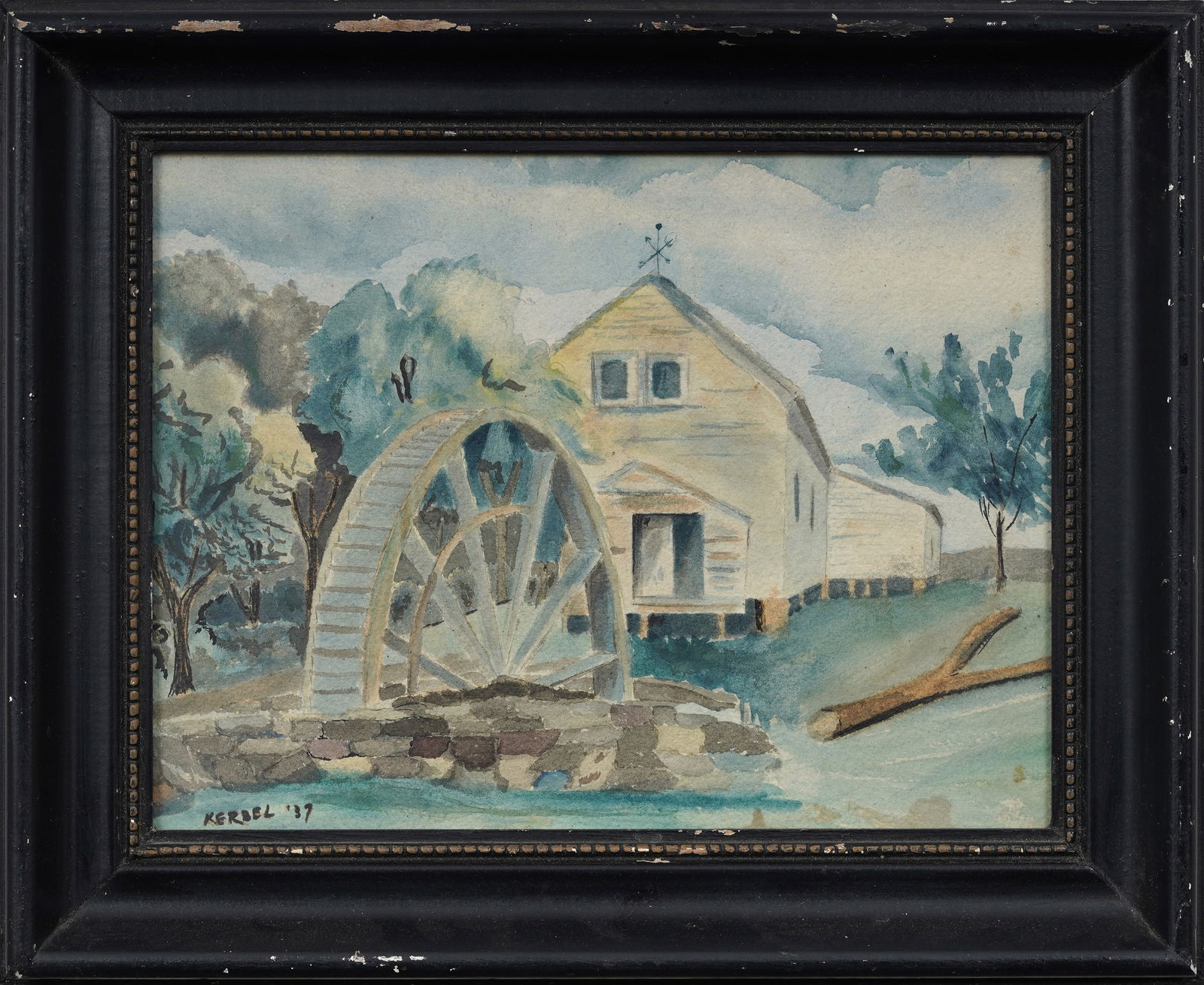Vintage American School Signed "Kerbel": Watermill Landscape Framed Original Oil Painting: Vintage American landscape painting. Watecolor on paper. Measuring: 13 by 16 inches overall, and 9 by 12 painting alone. Please see all images for condition. Size is measured and written on the back o