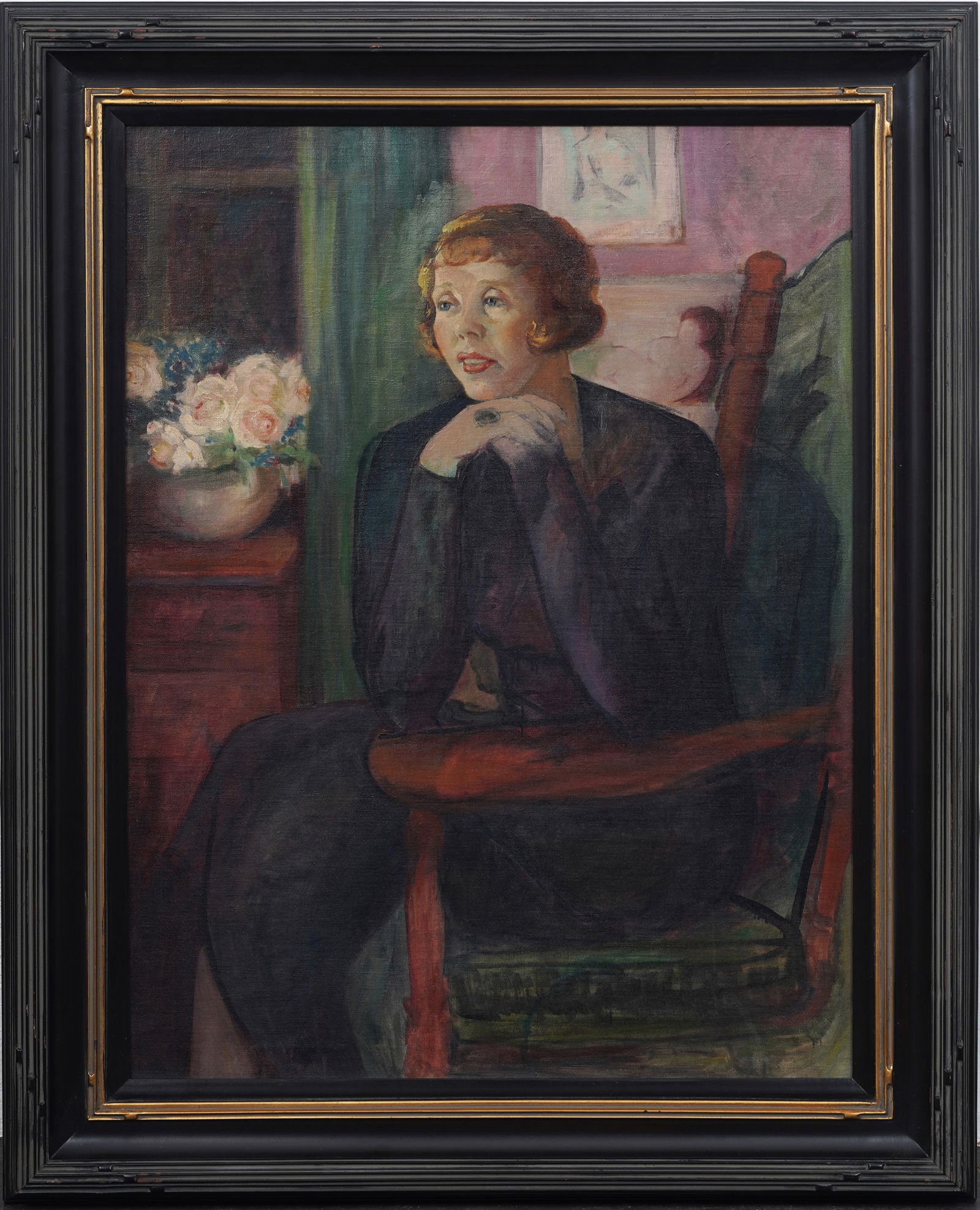 Large Antique American Impressionist Interior Scene Woman Portrait Framed Original Oil Painting (1 of 9)