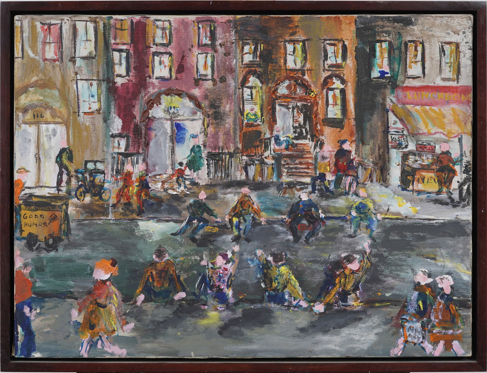 Vintage American Modernist Bustling New York City Street Scene Framed Original Oil Painting: Vintage American modernist street scene oil painting. Oil on canvas. Measuring: 20 by 26 inches overall, and 18 by 24 painting alone. Please see all images for condition. Size is measured and written