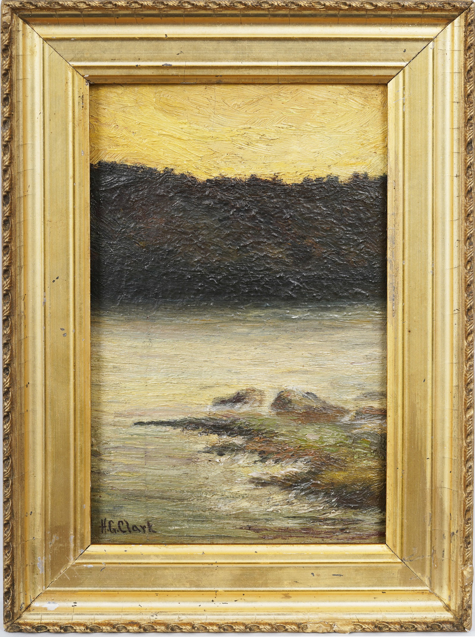 Henry G Clark Vintage American Impressionist Maine Sunset Seascape Framed Original Oil Painting: Vintage American oil painting. Measuring: 8 by 11 inches overall, and 5 by 8 painting alone. Please see all images for condition. Size is measured and written on the back of the painting or next to ea
