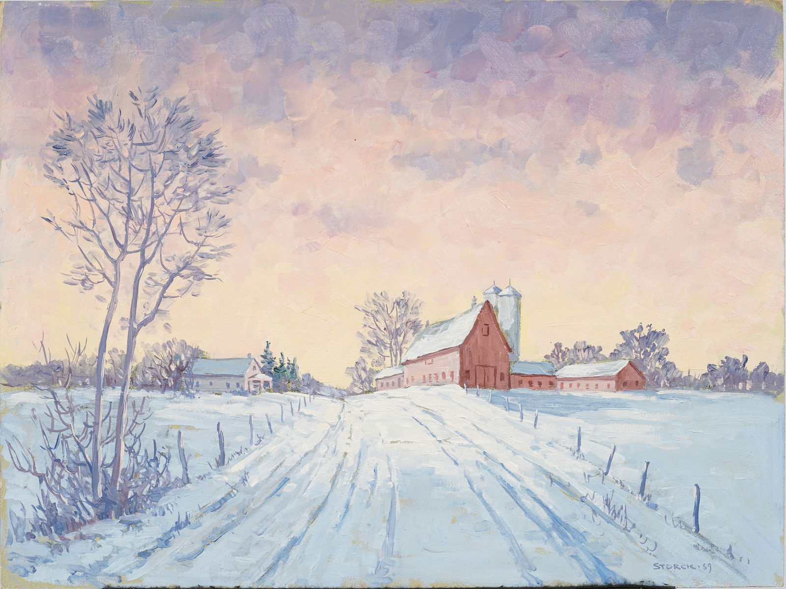 "J. Alvin Storck" Vintage American Impressionist Winter Sunset Farm Landscape Oil Painting: Vintage American oil painting. Measuring: 18 by 24 inches overall. Please see all images for condition. Size is measured and written on the back of the painting or next to each object. The first size
