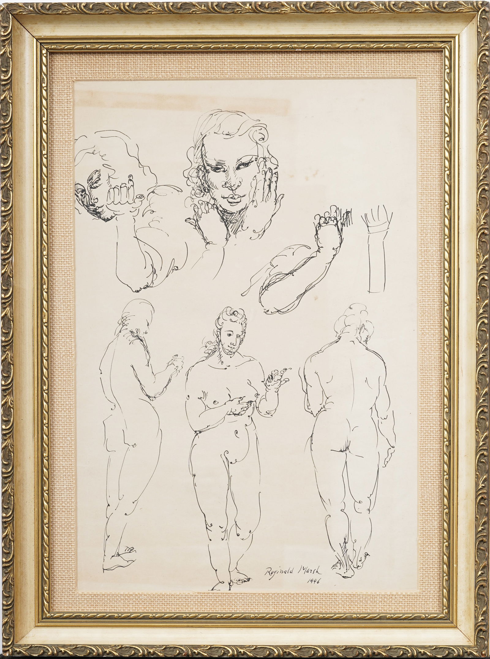 Reginald Marsh (1898-1954) Signed Vintage Ashcan School Nude Women Original Framed Drawing: Vintage American ashcan drawing. Signed. Framed. Measuring: 16 by 22 inches overall, and 11 by 17 paper alone. Please see all images for condition. Size is measured and written on the back of the pain