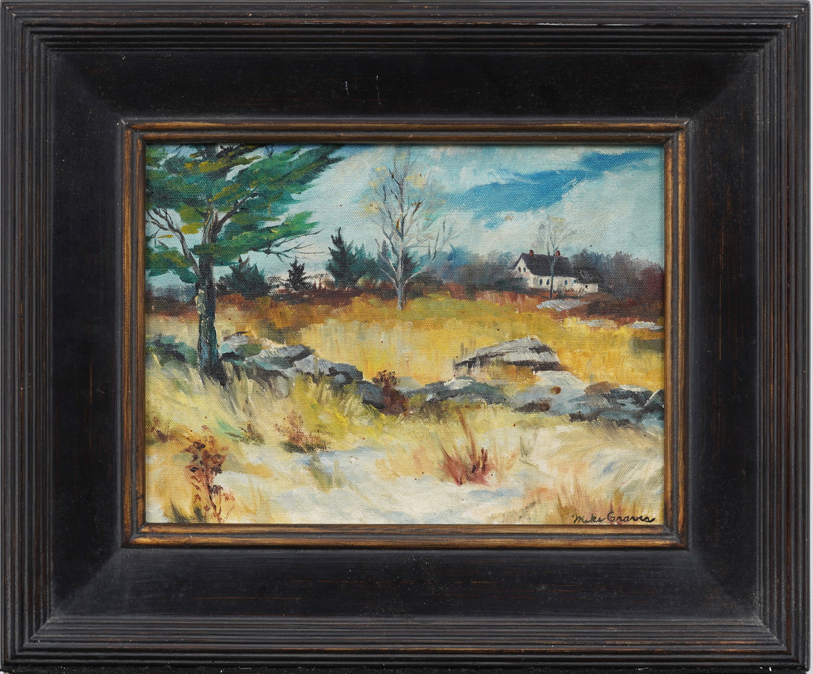 Vintage American Pastoral Cabin Landscape Signed Framed Oil Painting (1 of 7)